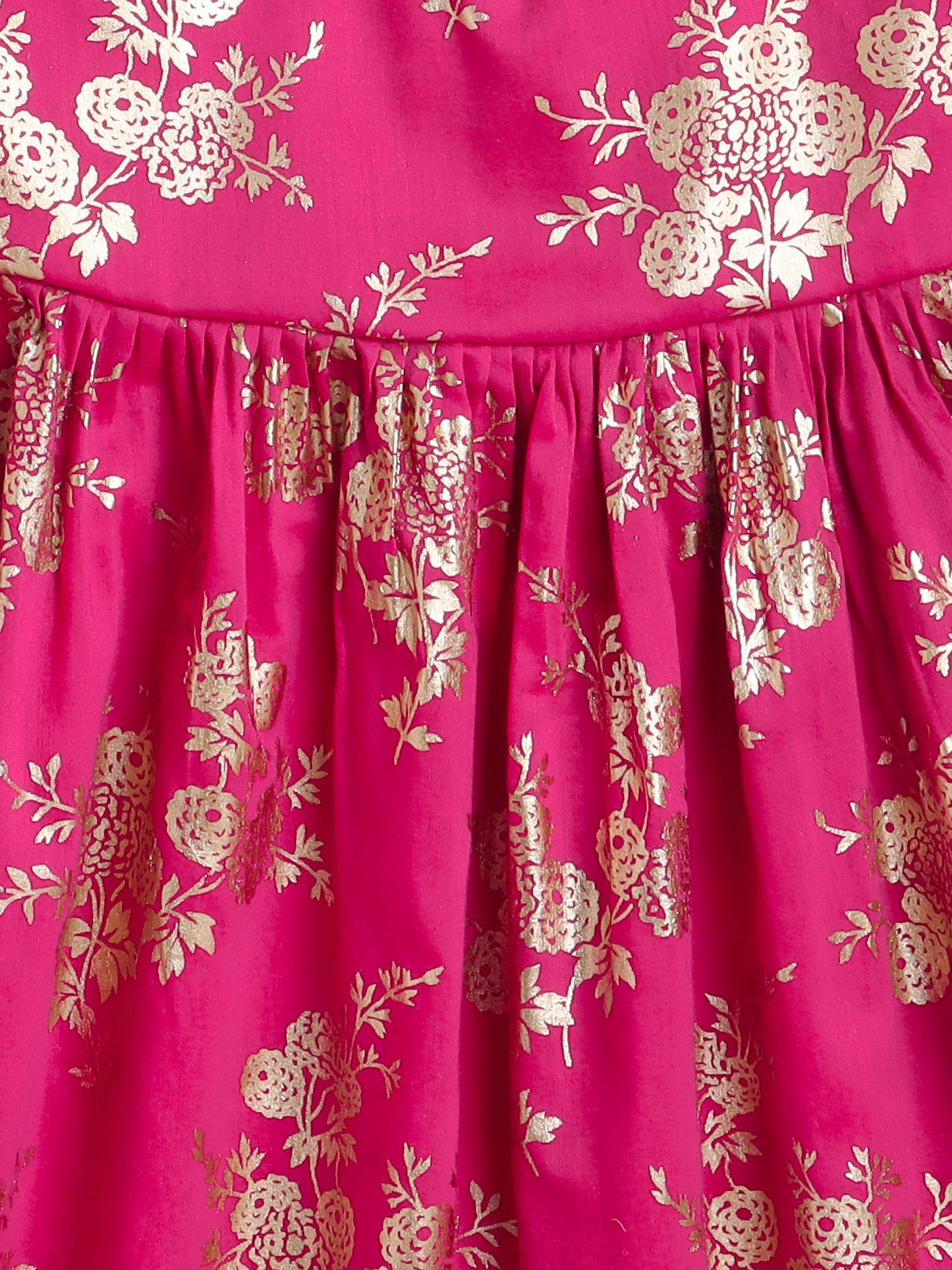 Foil Printed 3/4th sleeves Jacket with Halter Neck Floral Dress Set For Girls-Fuchsia