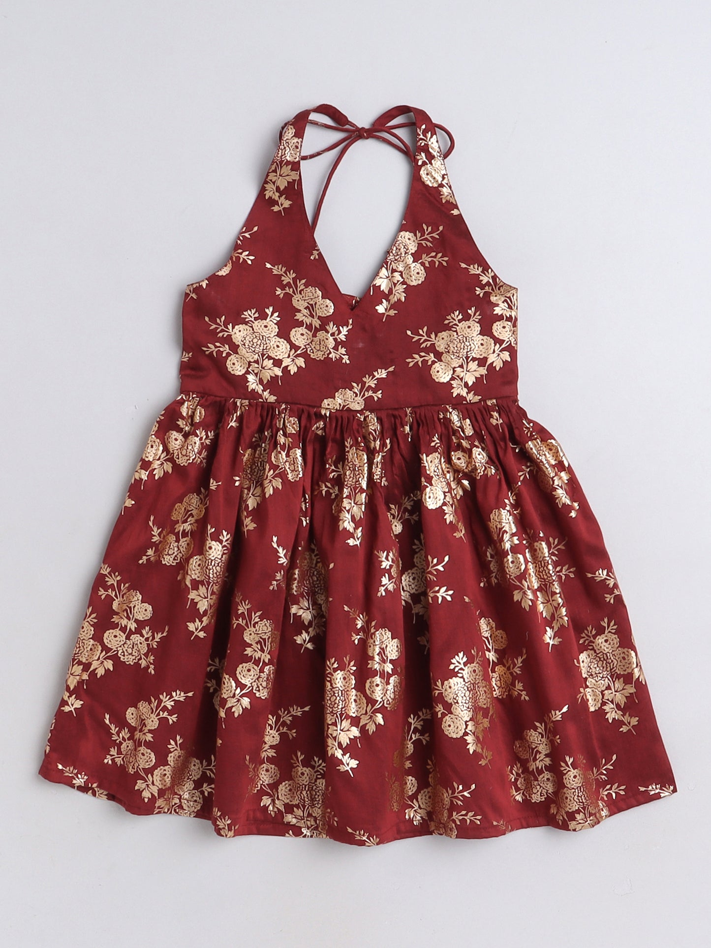 Foil Printed 3/4th sleeves Jacket with Halter Neck Floral Dress Set For Girls-Maroon