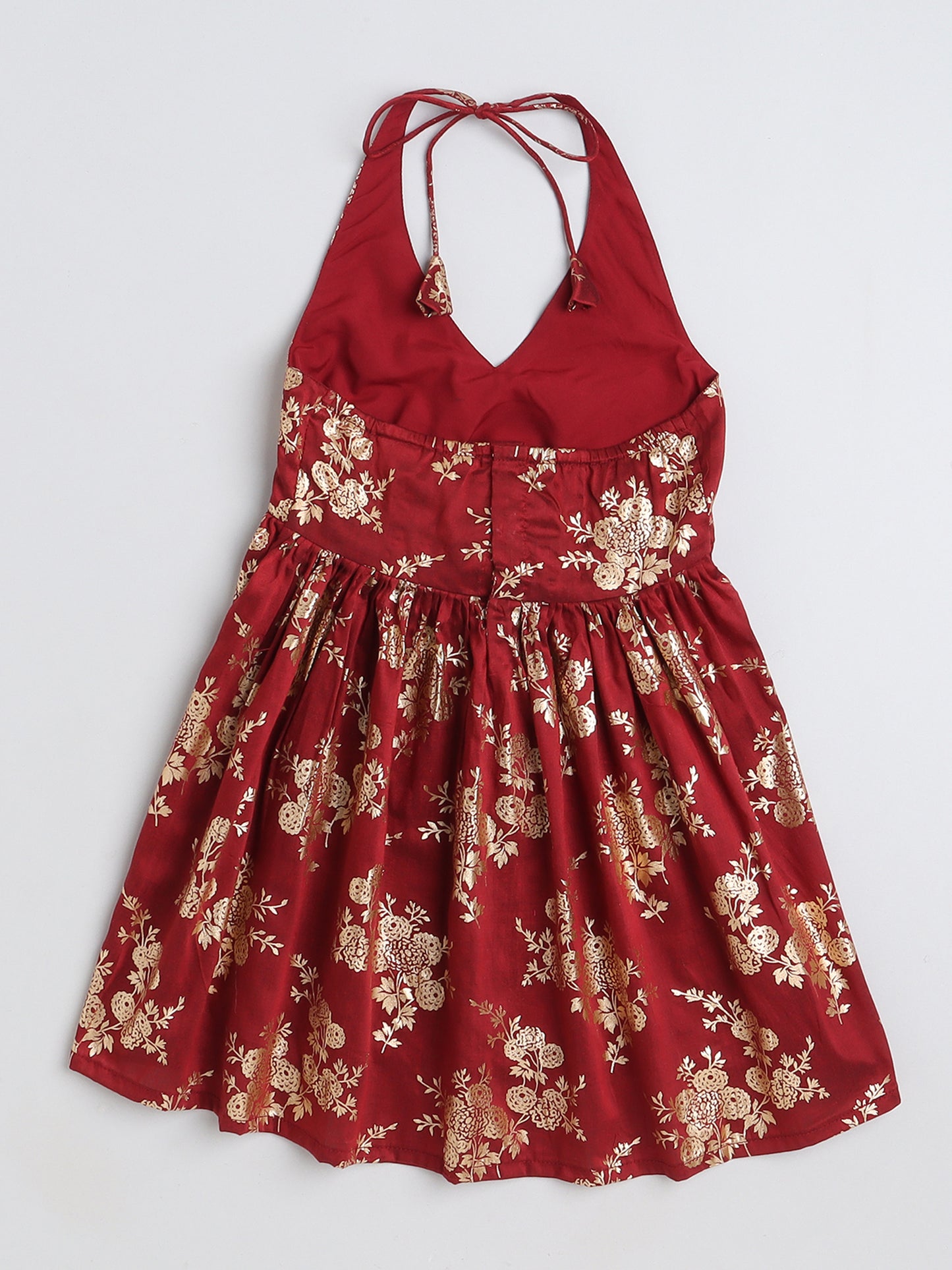 Foil Printed 3/4th sleeves Jacket with Halter Neck Floral Dress Set For Girls-Maroon