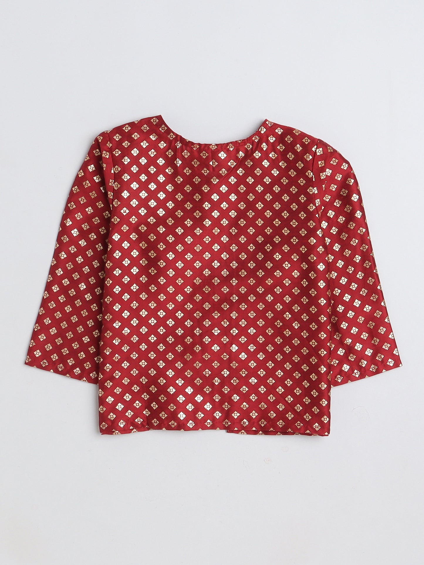 Foil Printed 3/4th sleeves Jacket with Halter Neck Floral Dress Set For Girls-Maroon