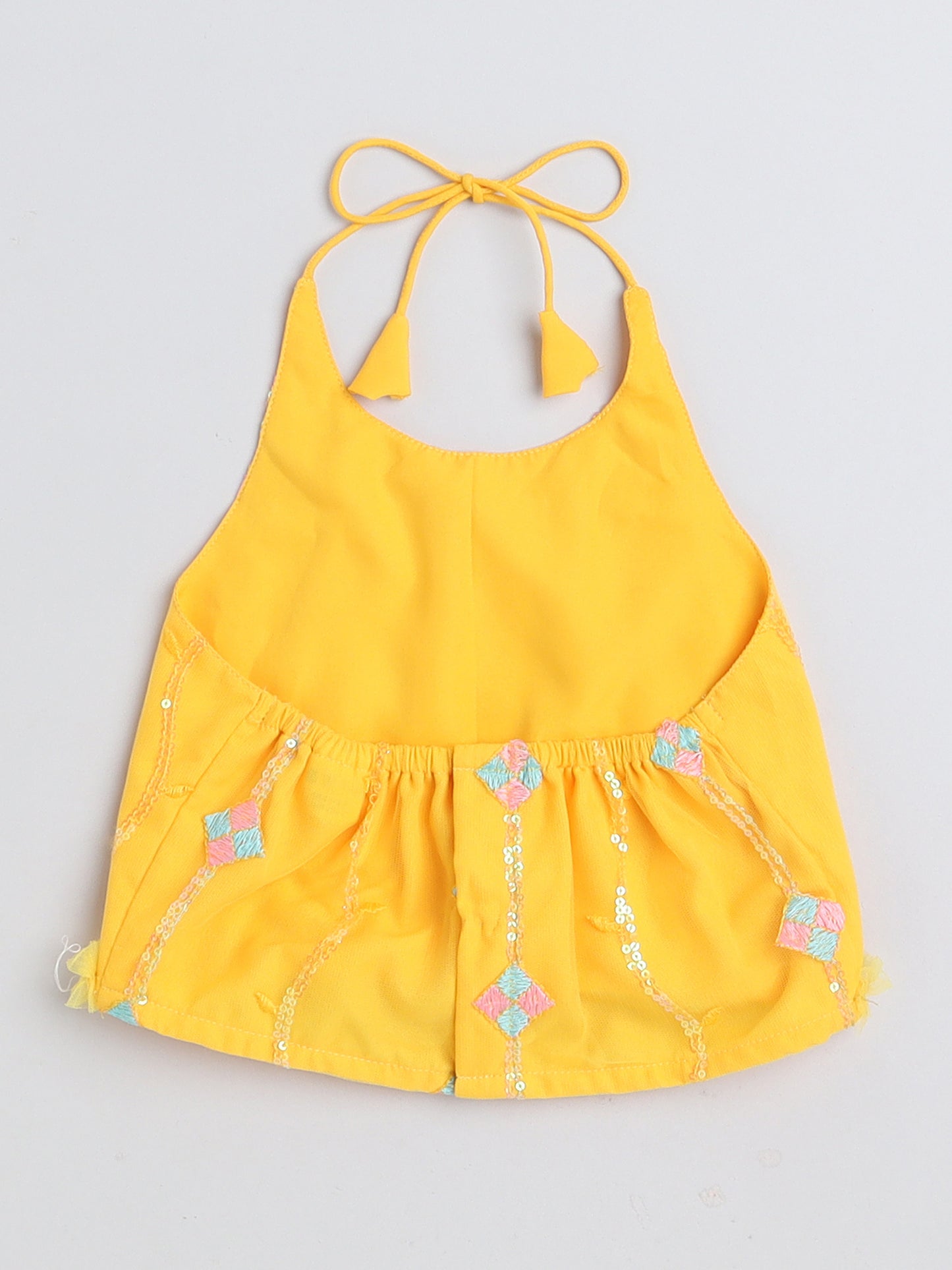 Sequins Embelished Halter Neck Top With Net Ruffle Lehenga Set For Girls-Yellow