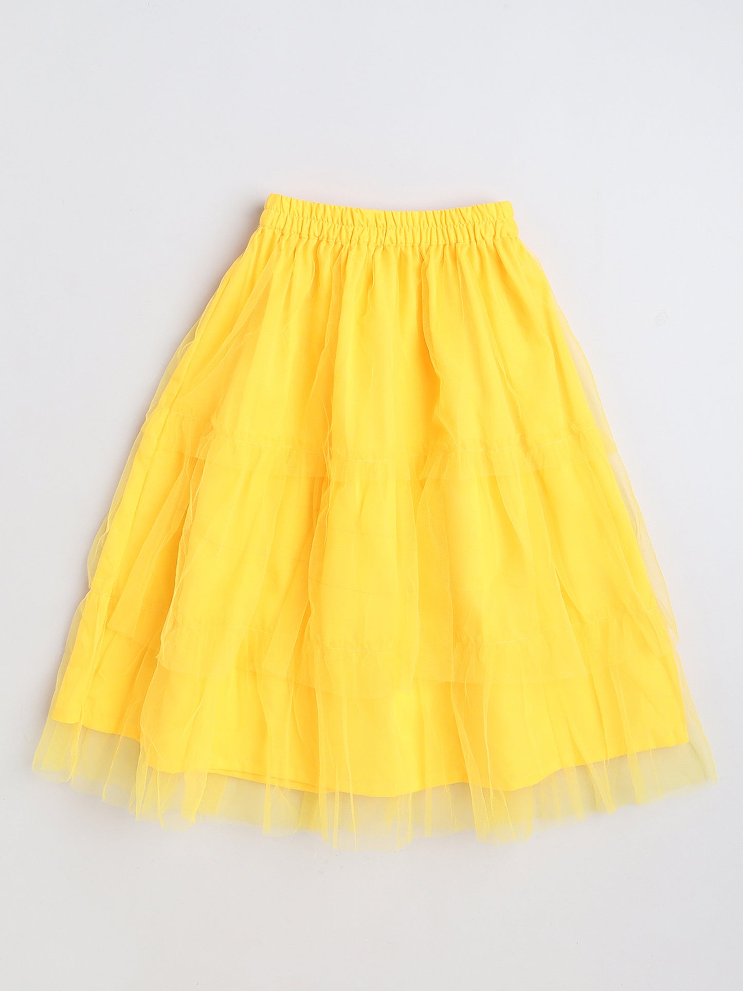 Sequins Embelished Halter Neck Top With Net Ruffle Lehenga Set For Girls-Yellow