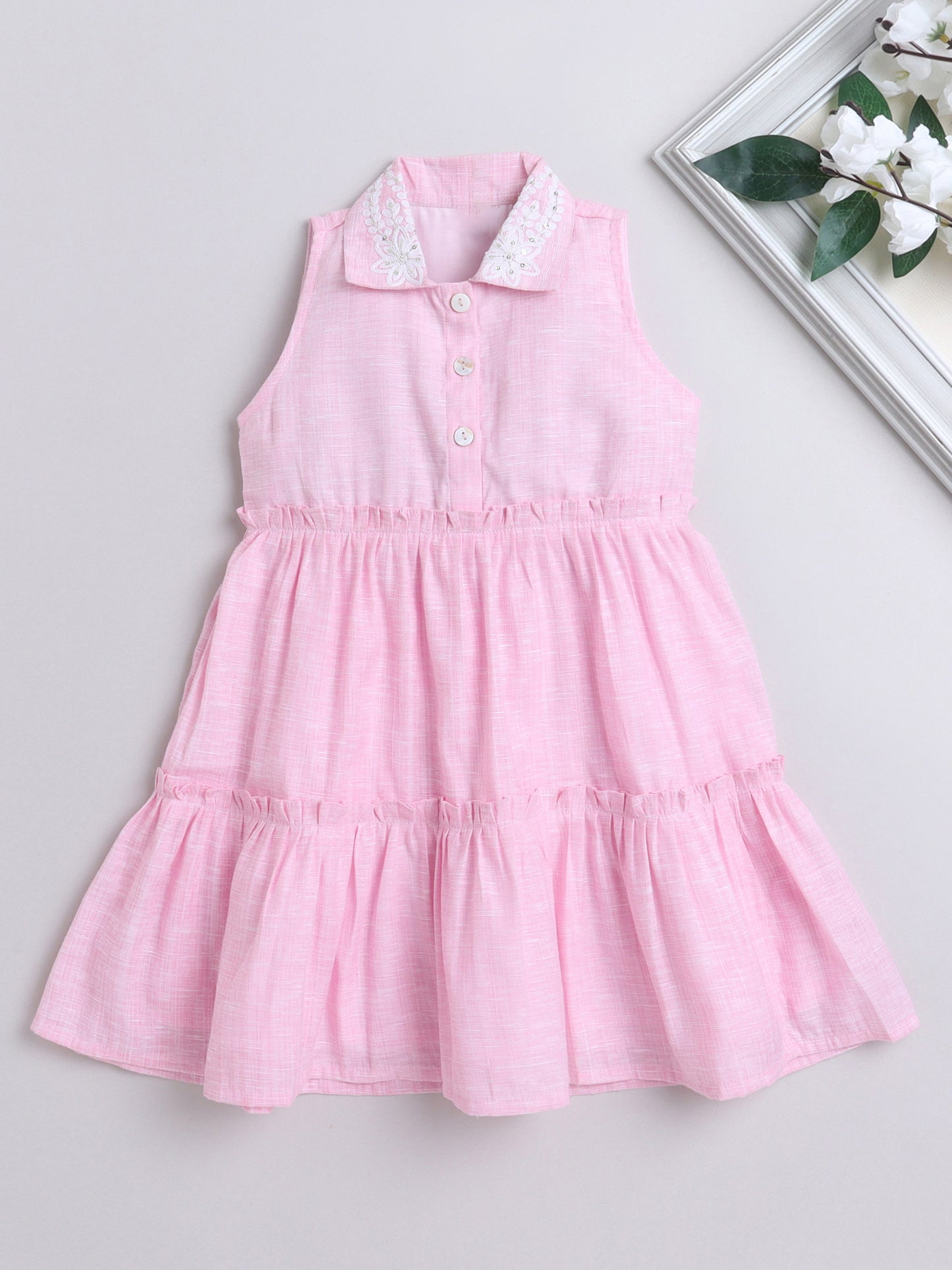 Cotton Embroidered Collar Neck Sleeveless Tiered Fit & Flare Dress-Pink