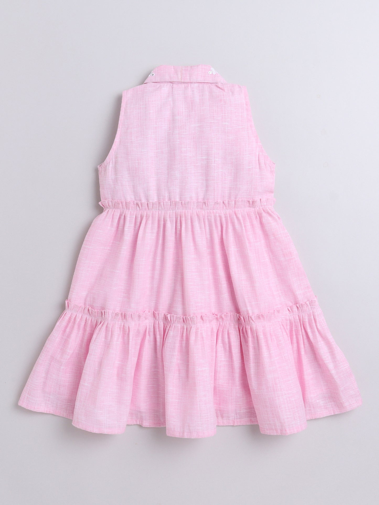 Cotton Embroidered Collar Neck Sleeveless Tiered Fit & Flare Dress-Pink