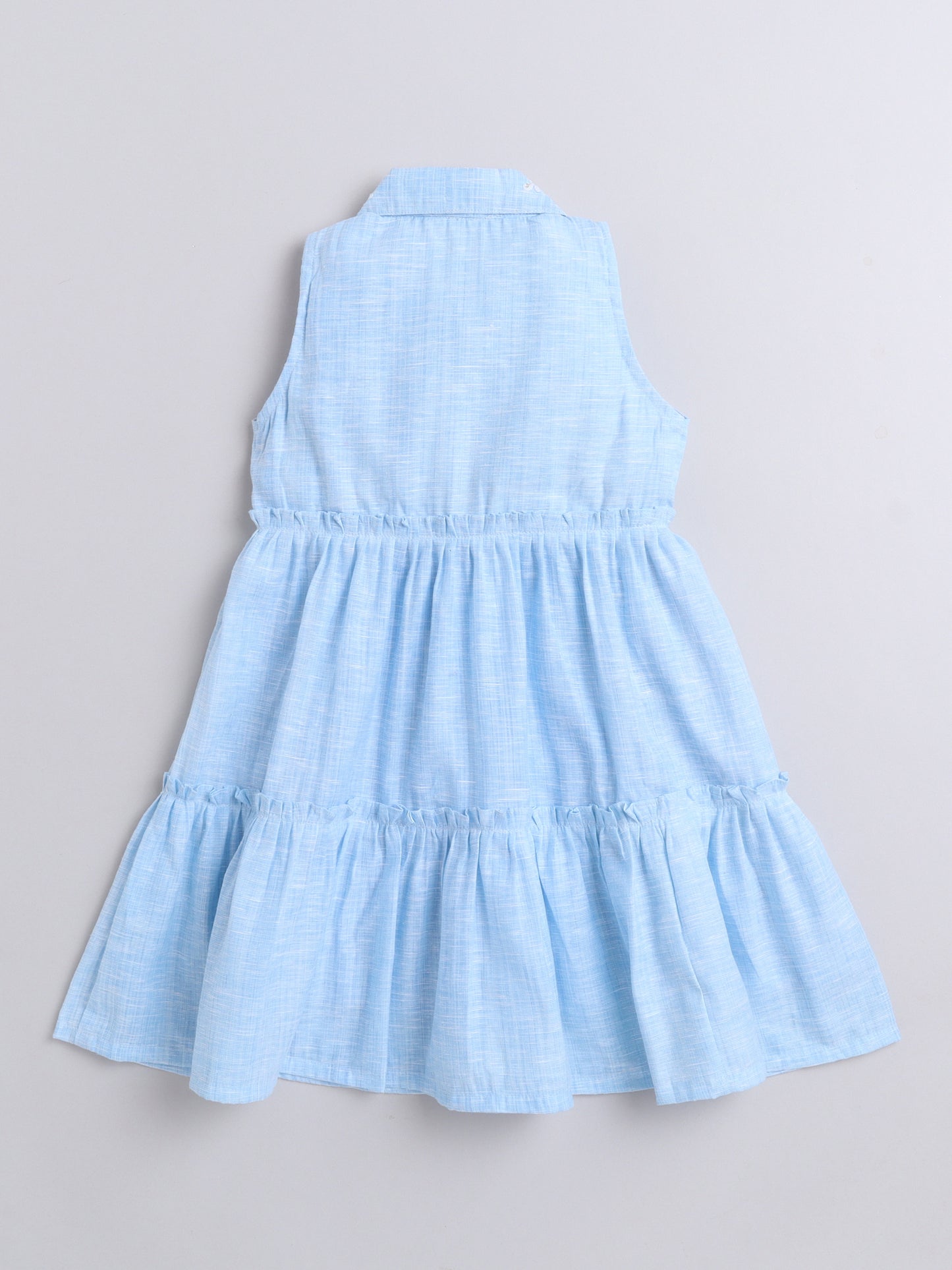Cotton Embroidered Collar Neck Sleeveless Tiered Fit & Flare Dress-Blue