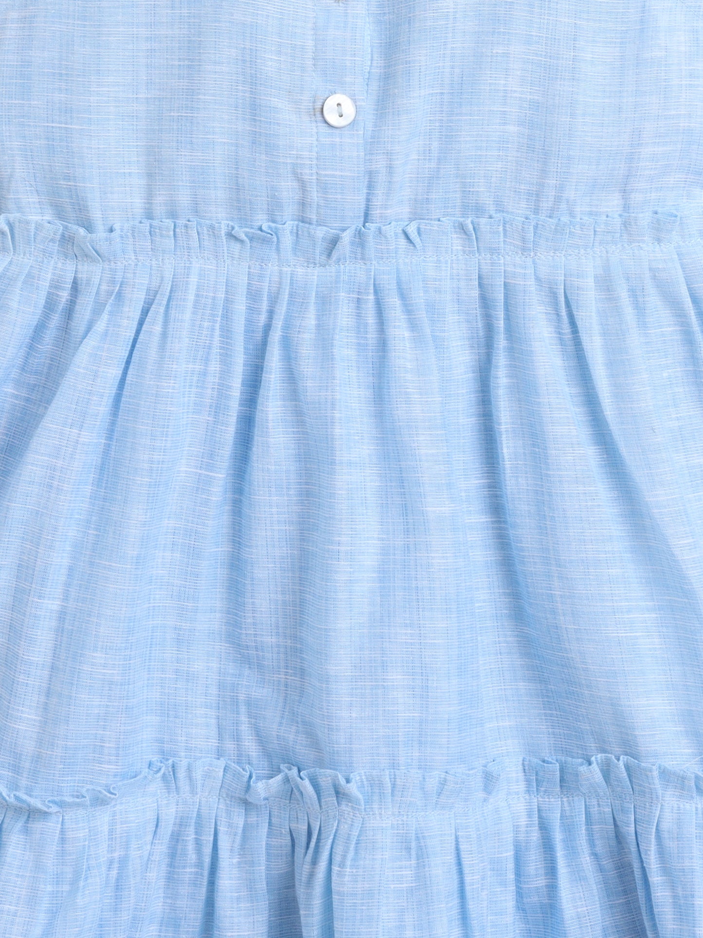 Cotton Embroidered Collar Neck Sleeveless Tiered Fit & Flare Dress-Blue