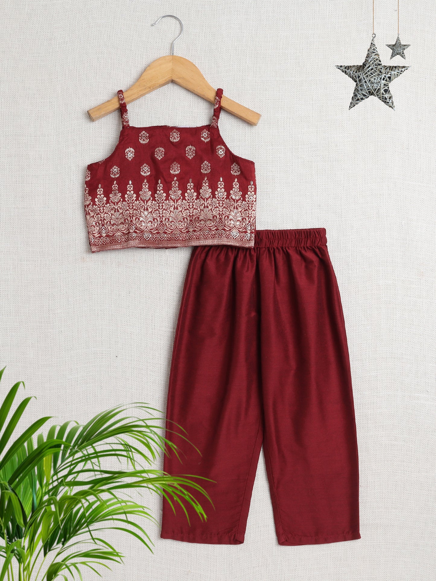 Bootie Printed Strappy Top and Pant Set Co-Ords Set For Girls-Maroon