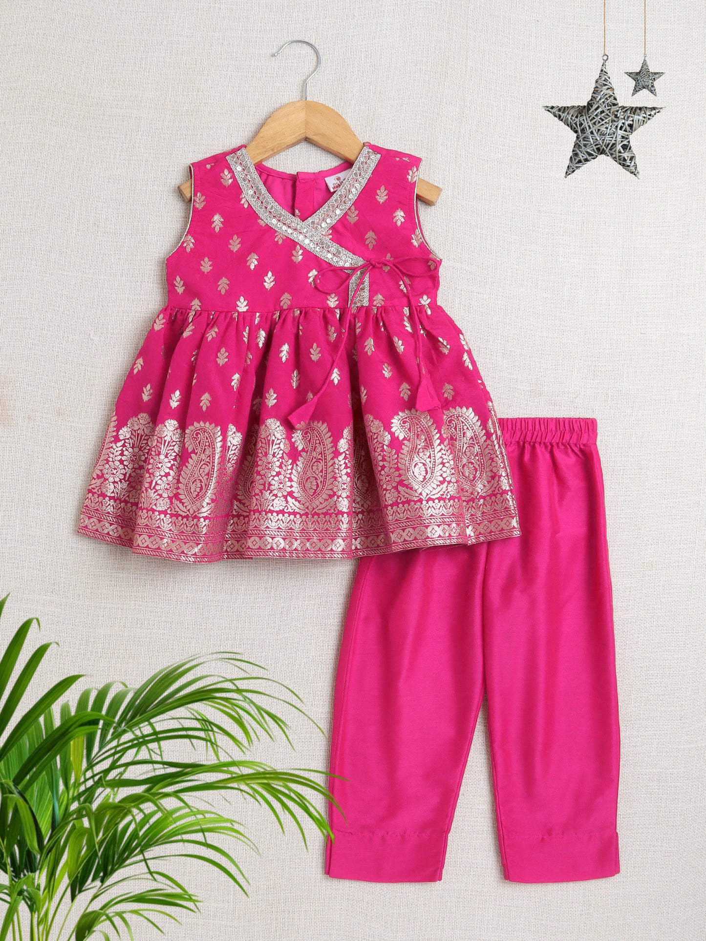 Bootie Printed Lace Embelished Sleeveless Top and Pant Set For Girls-Fuchsia