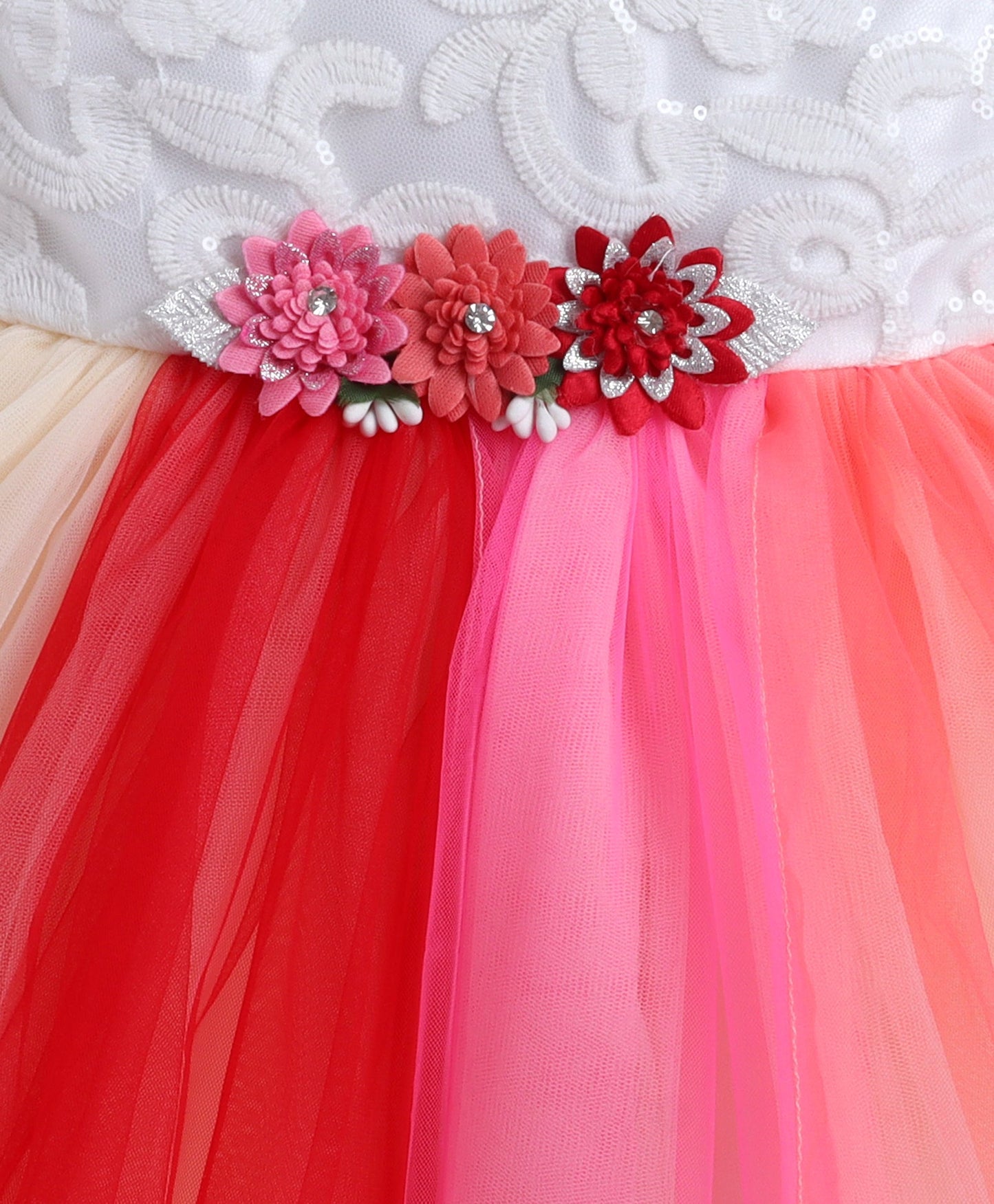 Net Sleeveless Flower Appilque Party Dress- Multi Color