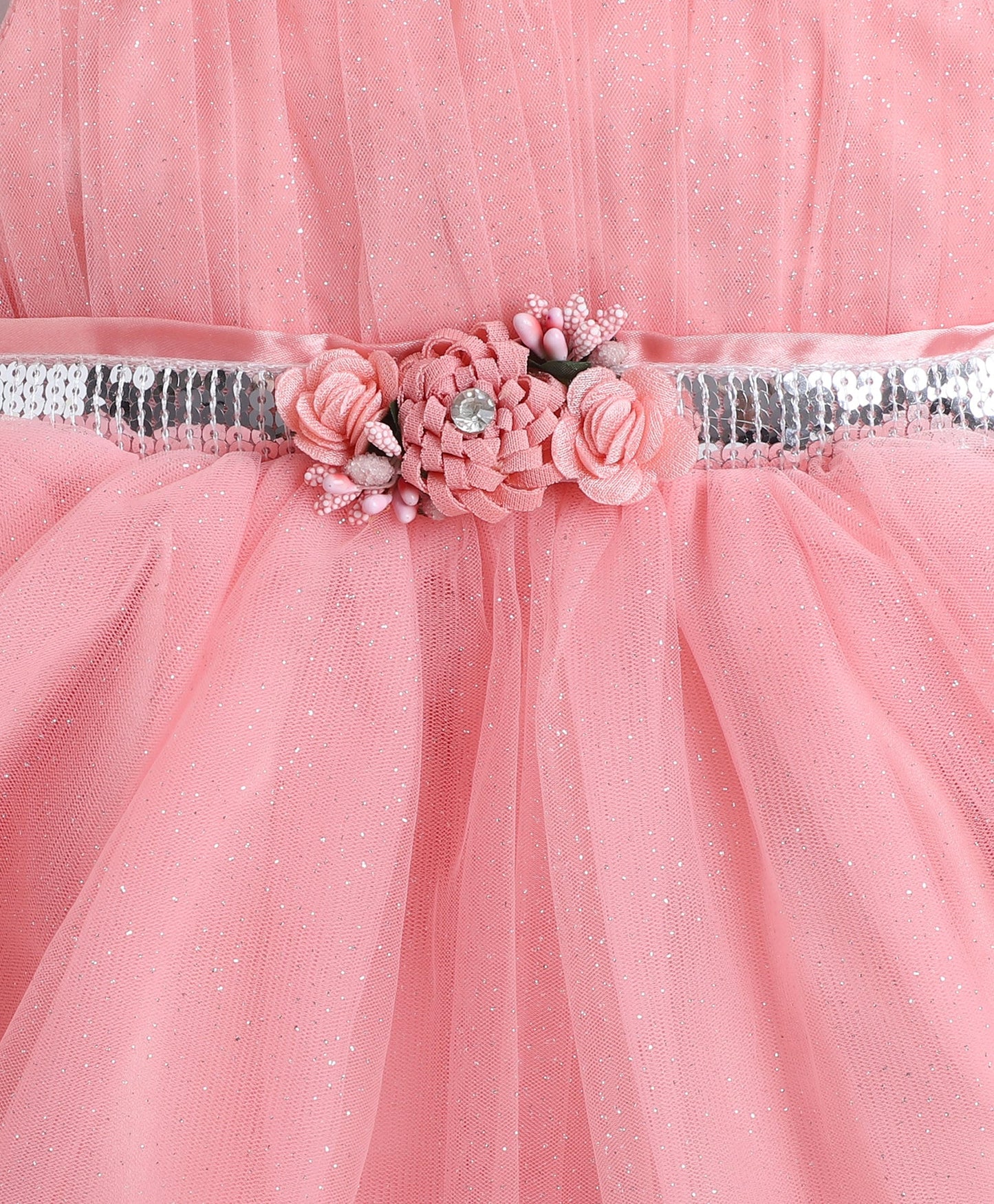 Ruffle Strappy Flower Corsage Flared Dress - Peach