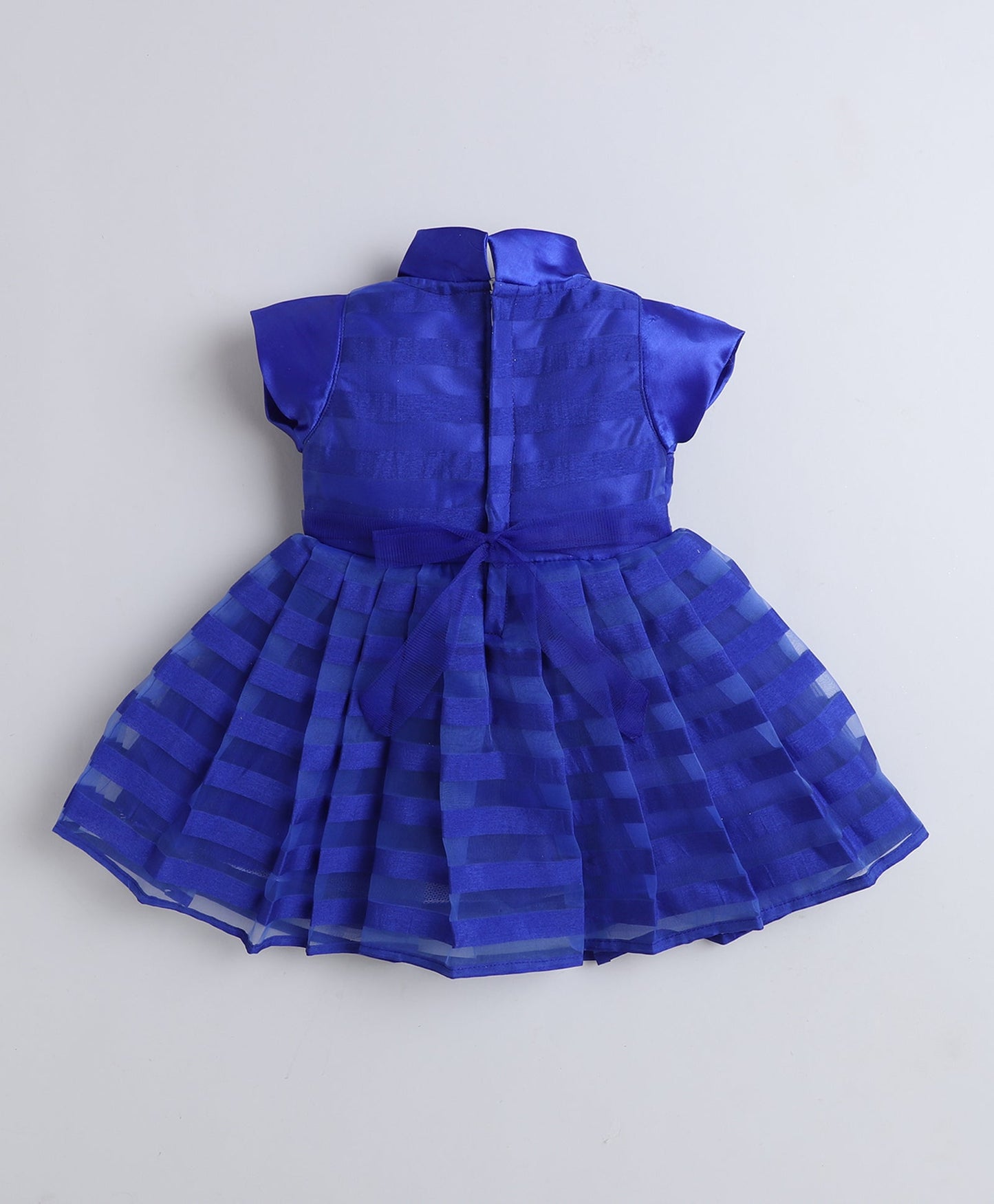 The Magic Wand Woven Cap Slevees Stripes Tie Collar Diamond Belt Flared Dress - Royal Blue
