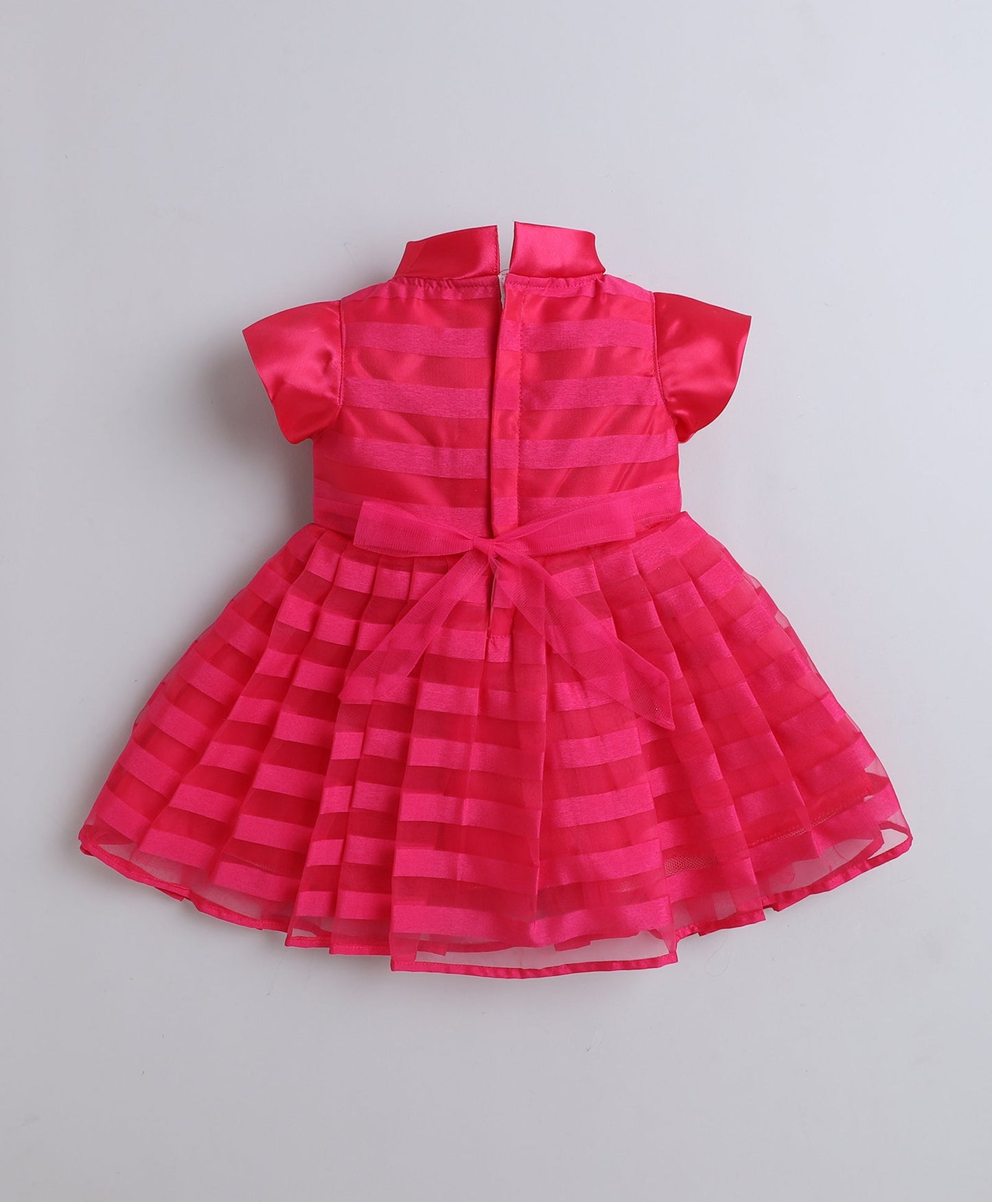 The Magic Wand Woven Cap Slevees Stripes Tie Collar Diamond Belt Flared Dress - Fuchsia
