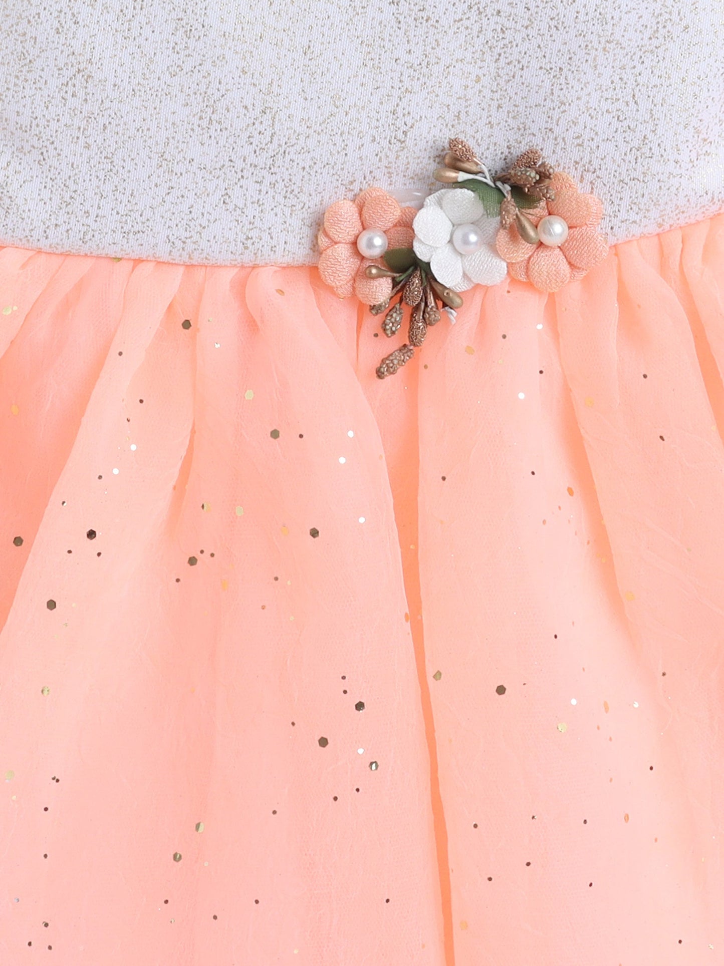 One Shoulder Floral Applique Detailed Shimmered Dress - Peach