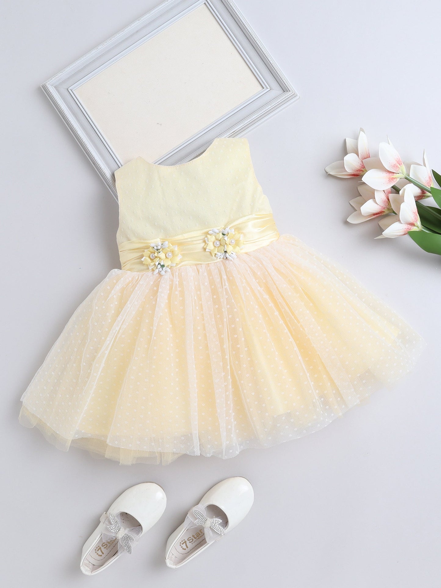 Sleeveless Dots Embroidered & Flower Applique Detailed Net Dress - Yellow