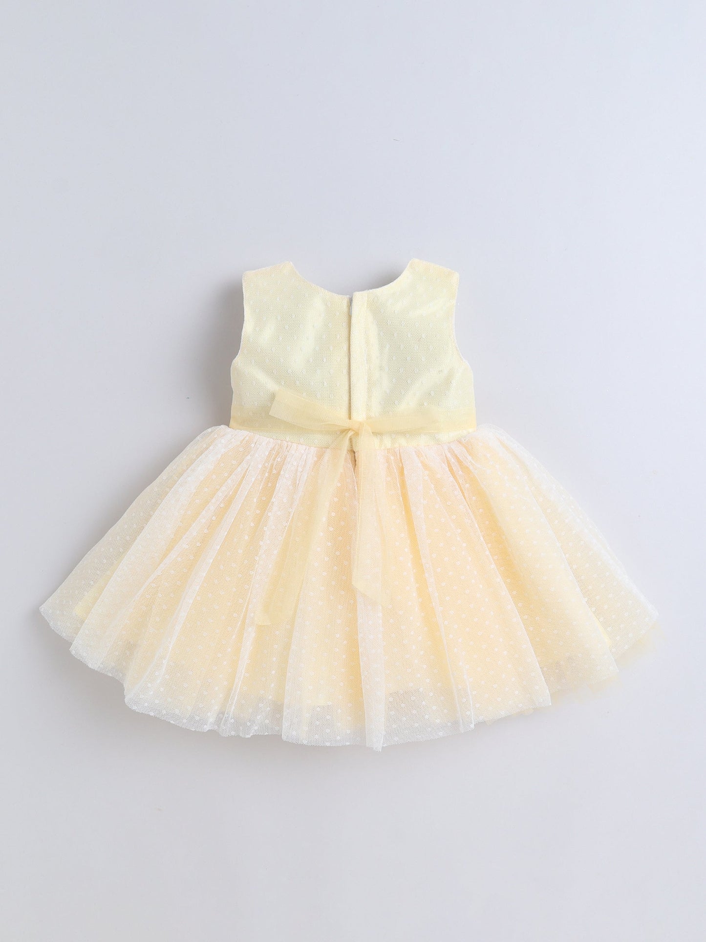 Sleeveless Dots Embroidered & Flower Applique Detailed Net Dress - Yellow