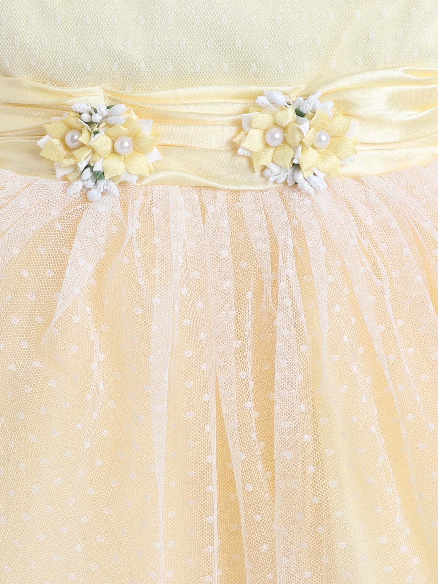 Sleeveless Dots Embroidered & Flower Applique Detailed Net Dress - Yellow