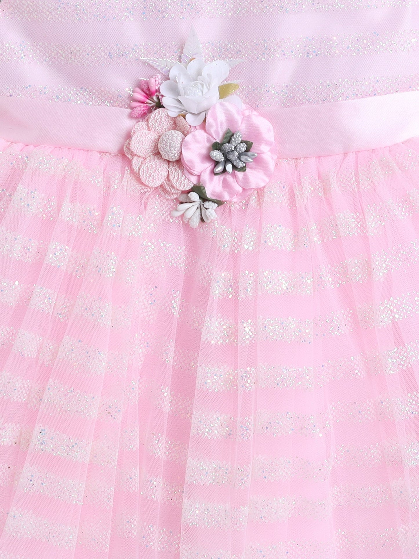 Flower Applique Net Dress - Pink