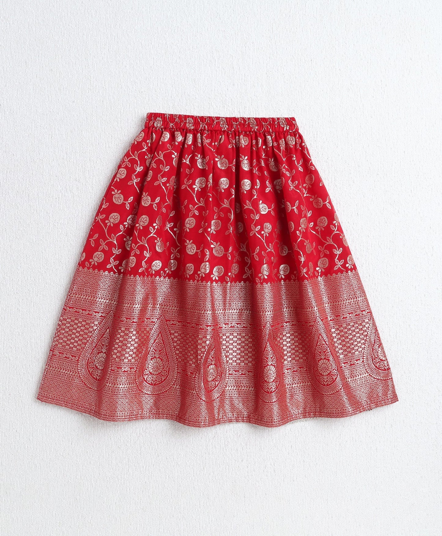 The Magic Wand Jacquard Woven Puff Sleeves Leaves Foil Printed & Gota Lace Embellished Choli Lehenga With Dupatta Set- Red