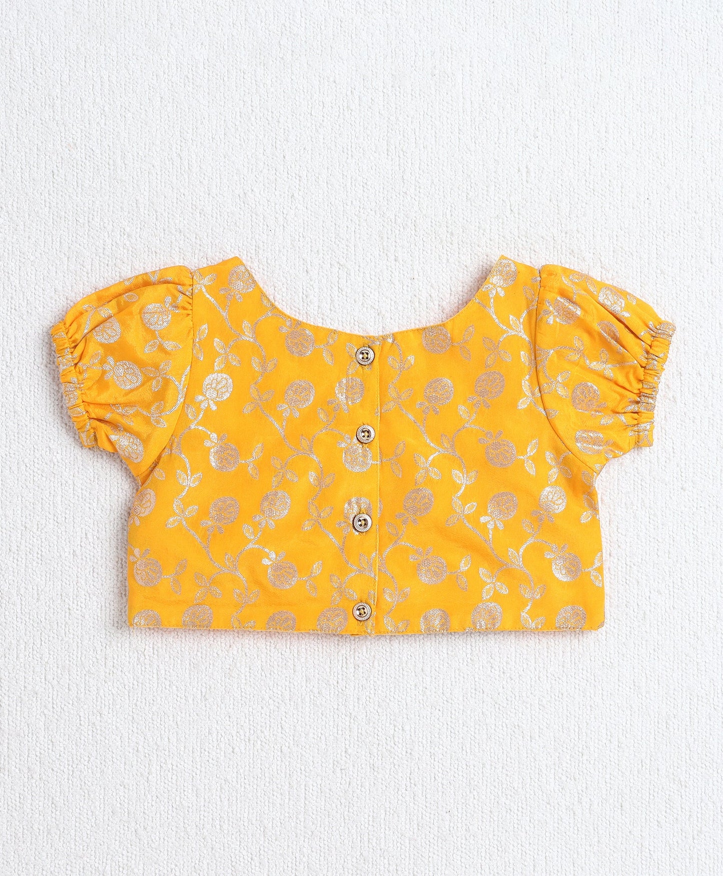 The Magic Wand Jacquard Woven Puff Sleeves Leaves Foil Printed & Gota Lace Embellished Choli Lehenga With Dupatta Set- Yellow