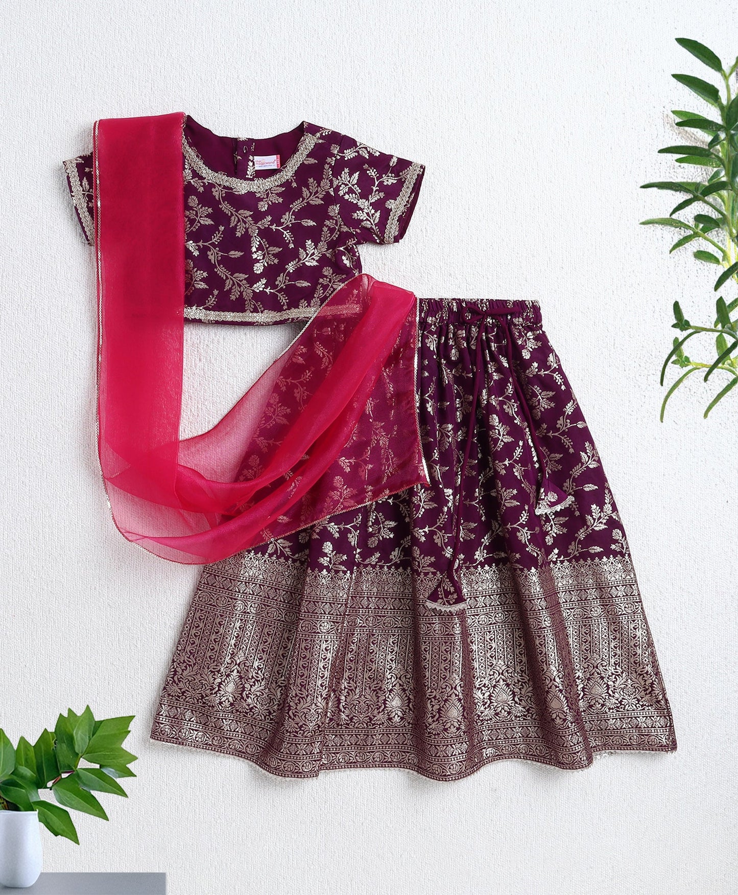 The Magic Wand Jacquard Woven Half Sleeves Leaves Foil Printed & Gota Lace Embellished Choli Lehenga With Dupatta Set-Purple