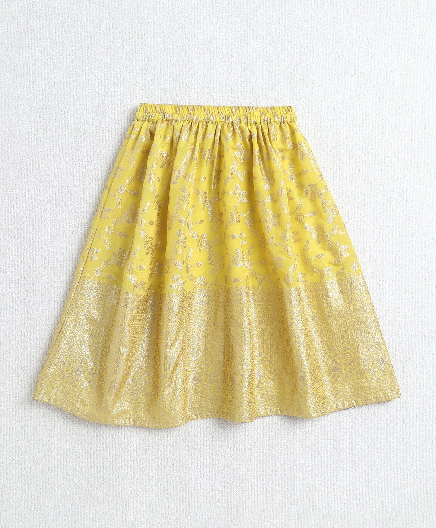 The Magic Wand Jacquard Woven Half Sleeves Leaves Foil Printed & Gota Lace Embellished Choli Lehenga With Dupatta Set- Yellow