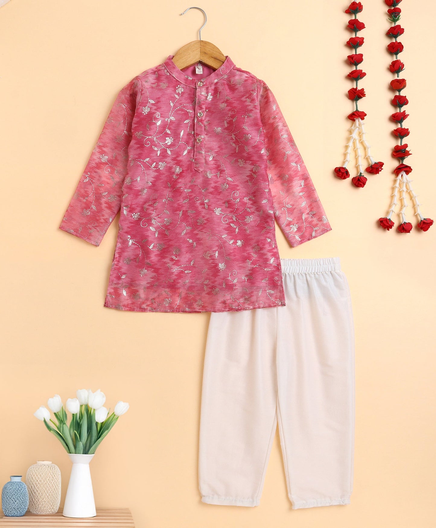 The Magic Wand Woven Full Sleeves Foil Printed Kurta and Pajama Set- Pink