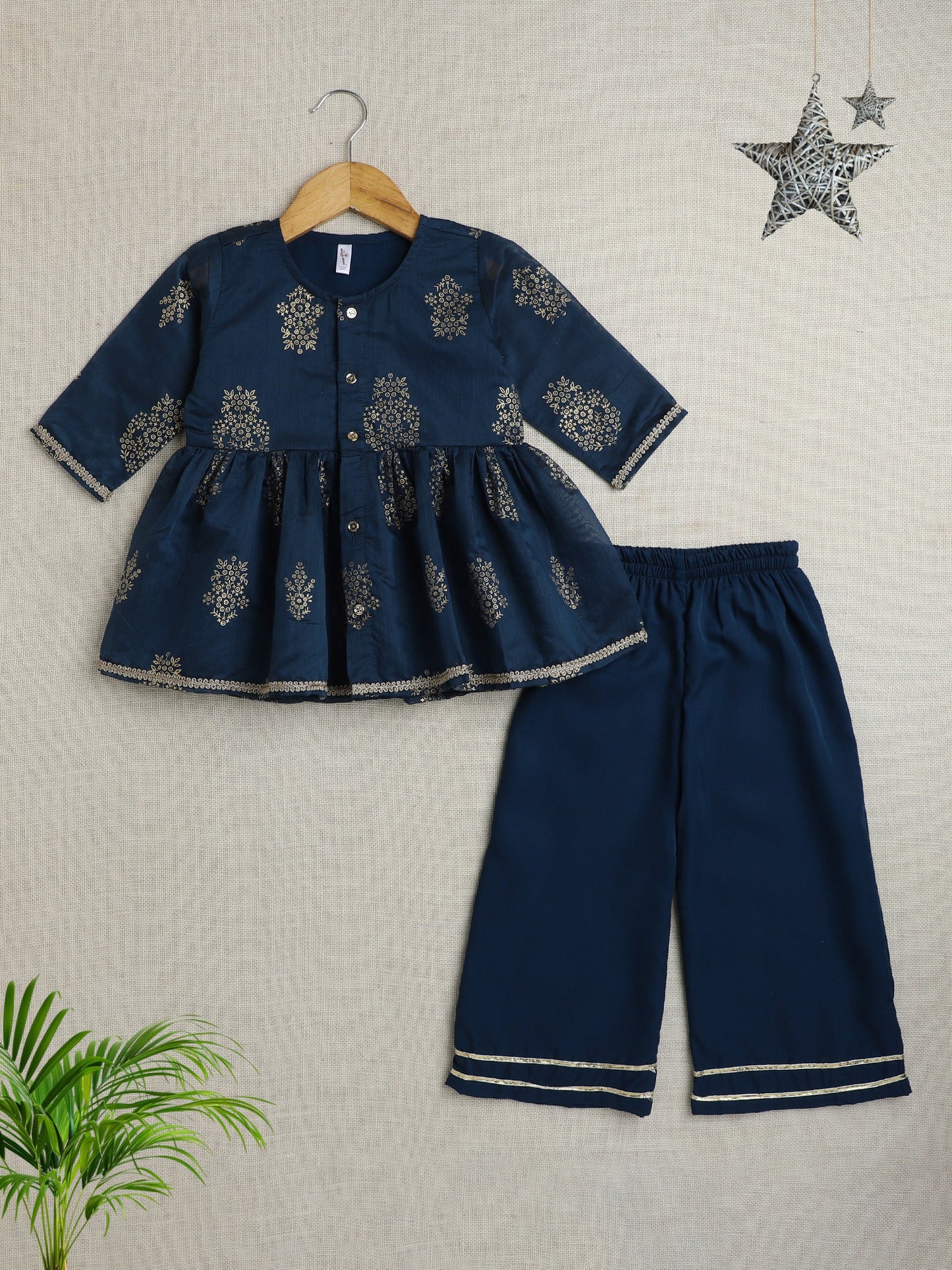 Three Fourth Sleeves Lace Embelsihed & Floral Foil Printed Top & Pant Set - Teal Blue