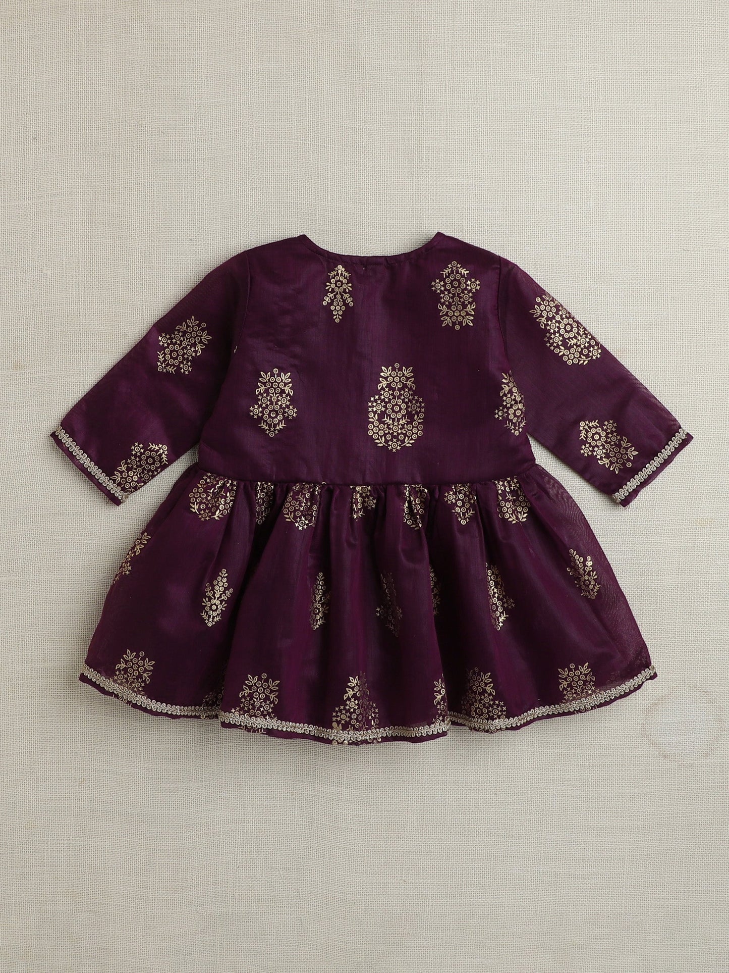 Three Fourth Sleeves Lace Embelsihed & Floral Foil Printed Top & Pant Set - Wine
