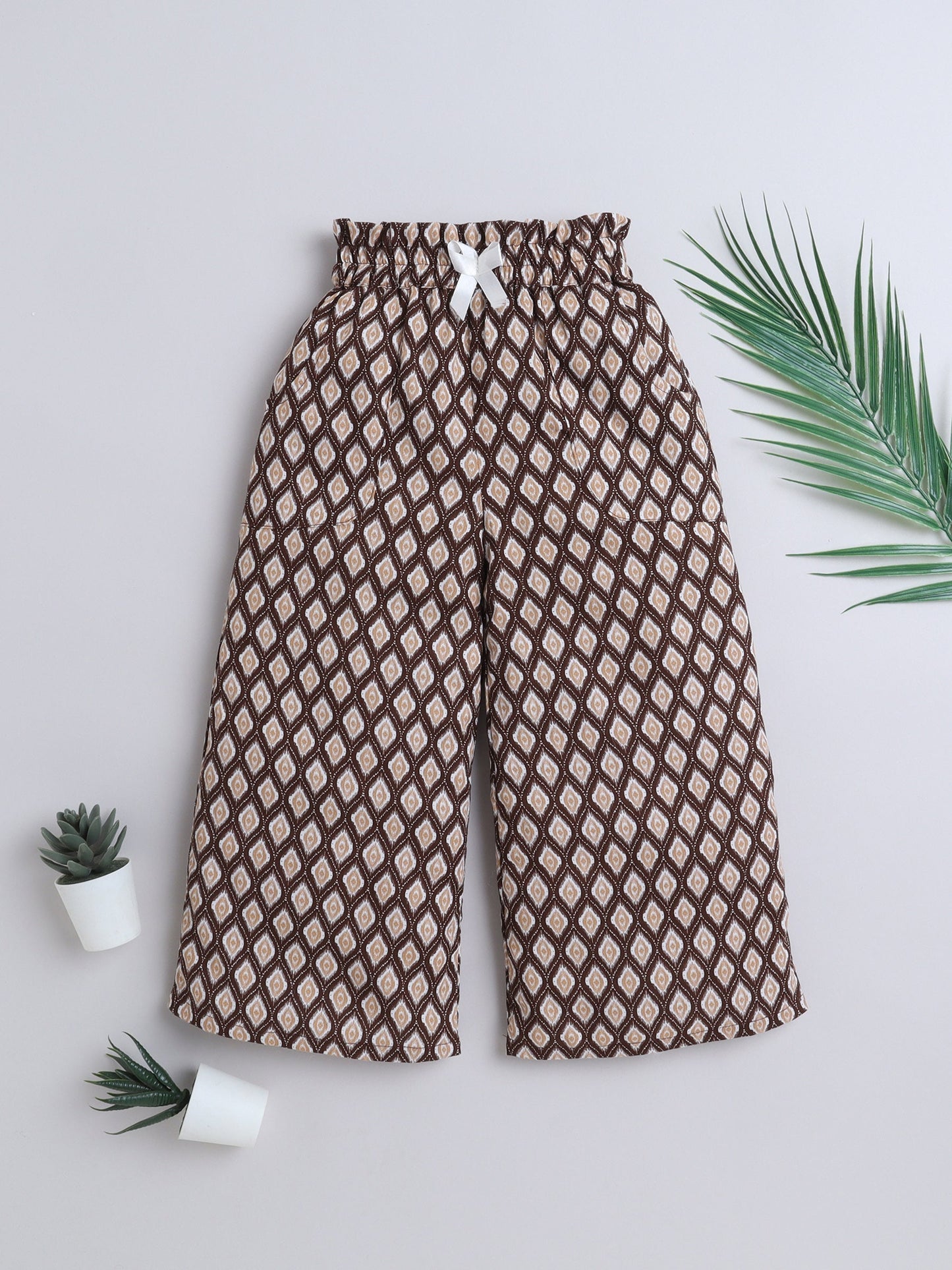 The Magic Wand Rayon Ikat Printed Full Length Palazzo With Lace Bow Brown