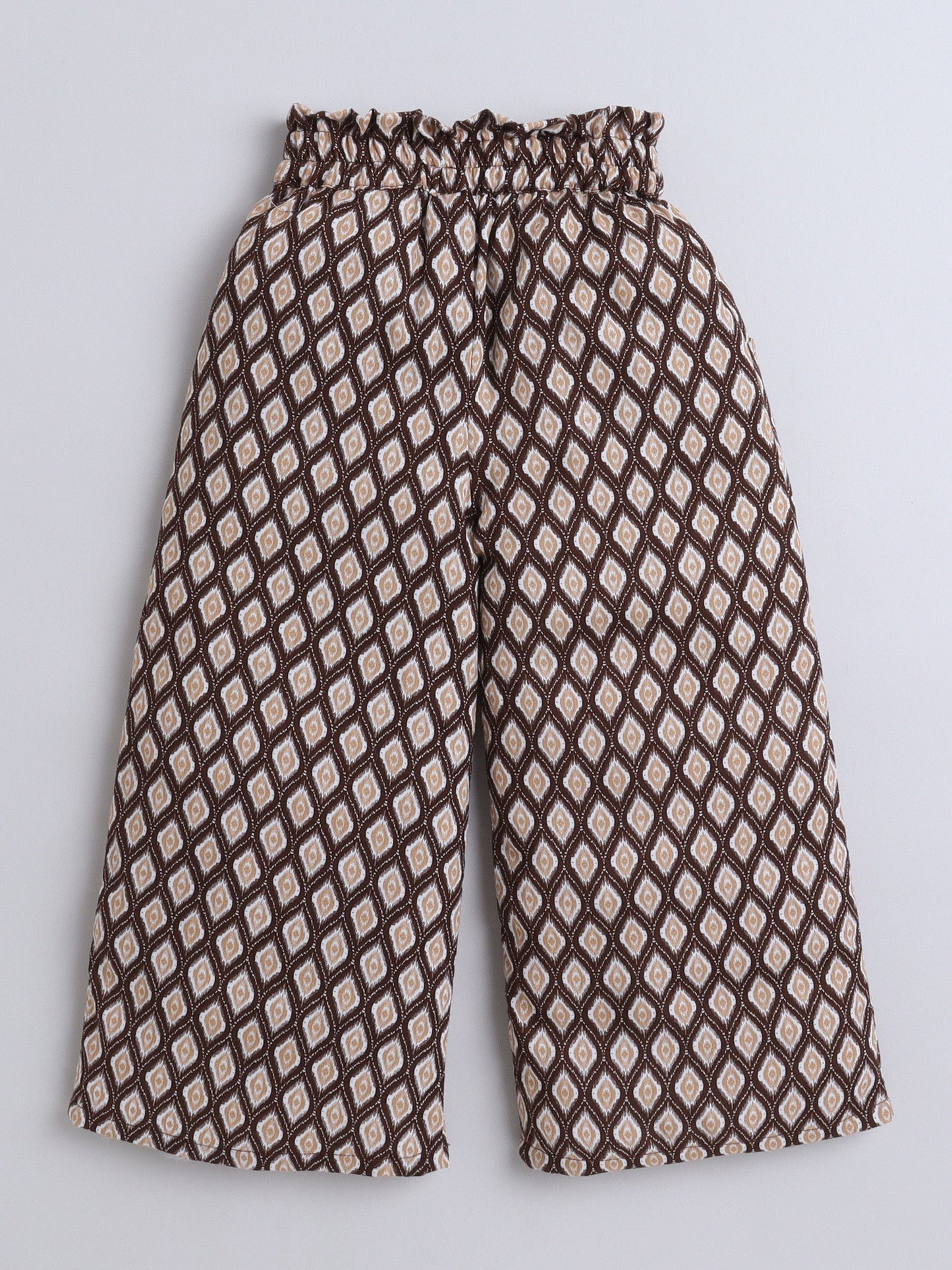 The Magic Wand Rayon Ikat Printed Full Length Palazzo With Lace Bow Brown