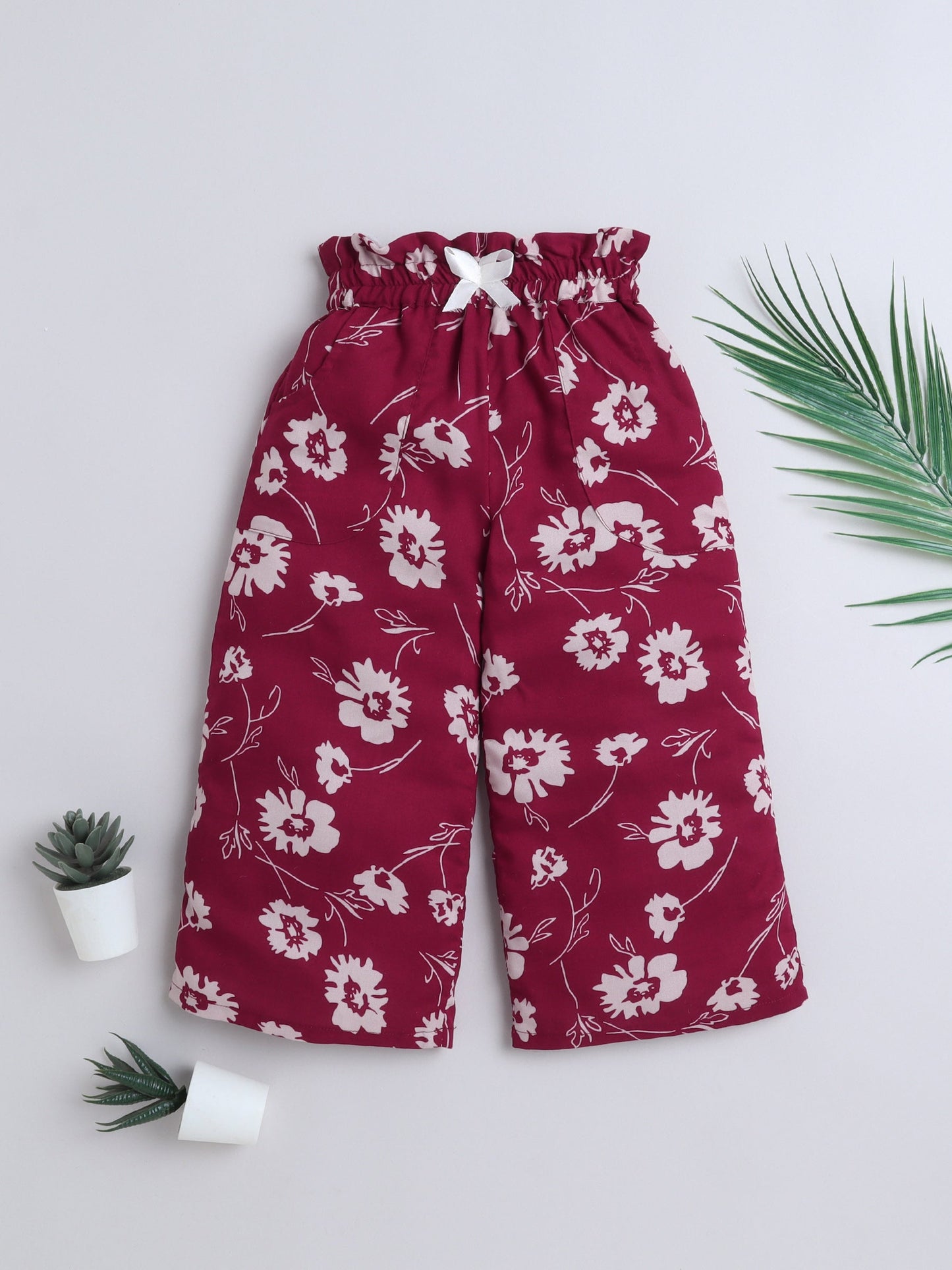 The Magic Wand Rayon Floral Printed Full Length Palazzo With Lace Bow Maroon