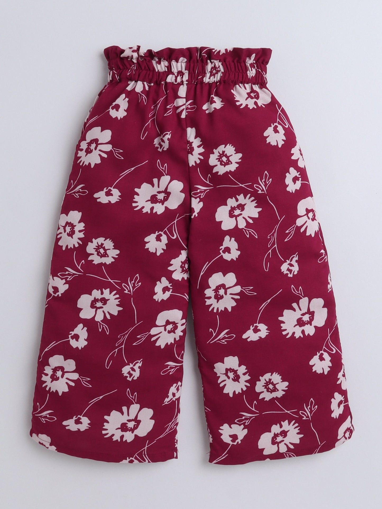 The Magic Wand Rayon Floral Printed Full Length Palazzo With Lace Bow Maroon