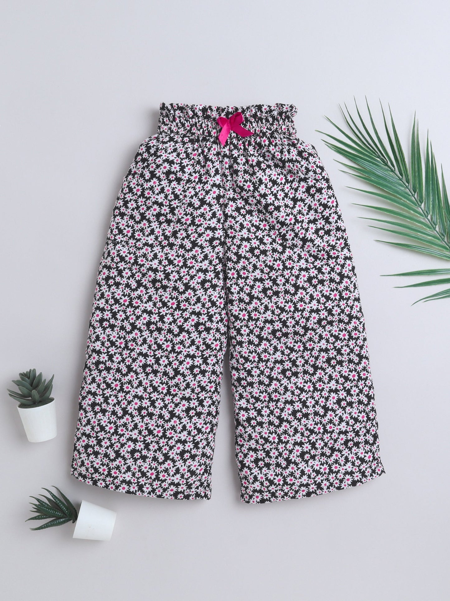 The Magic Wand Rayon Floral Printed Full Length Palazzo With Lace Bow Black