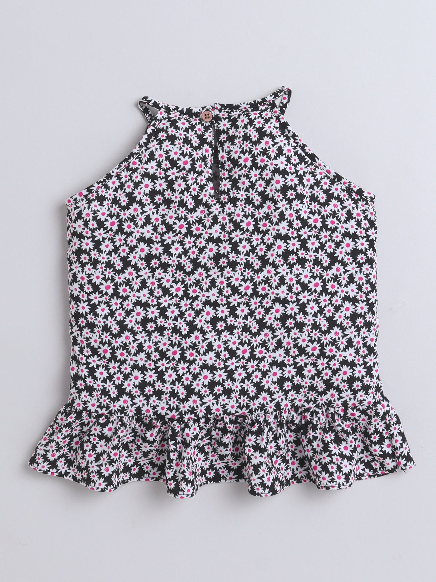 Rayon Floral Printed Frill Detailed Incut Top-Black