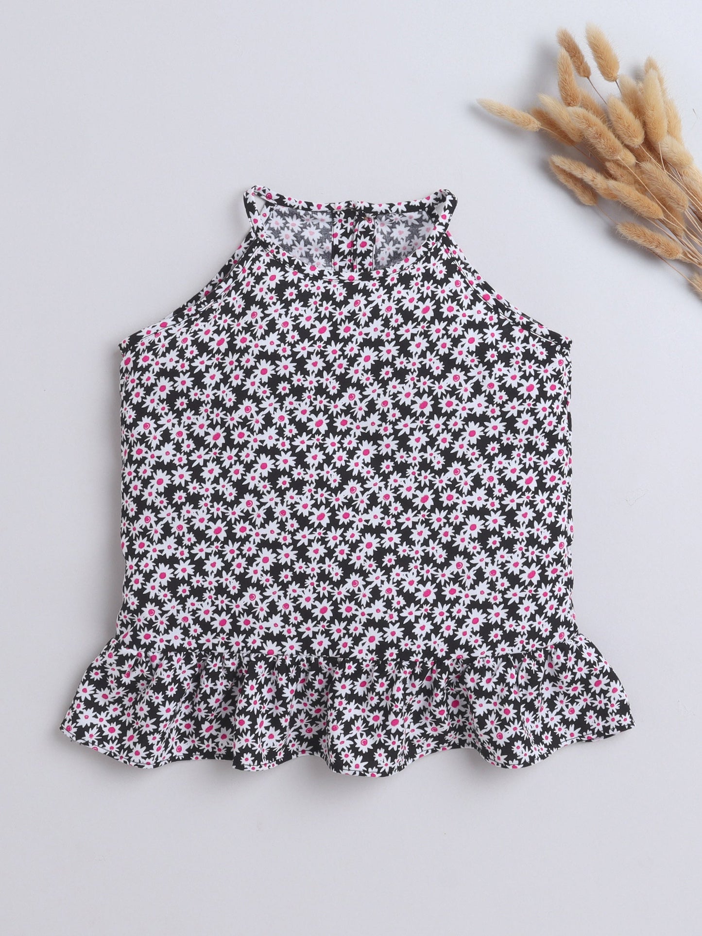 Rayon Floral Printed Frill Detailed Incut Top-Black