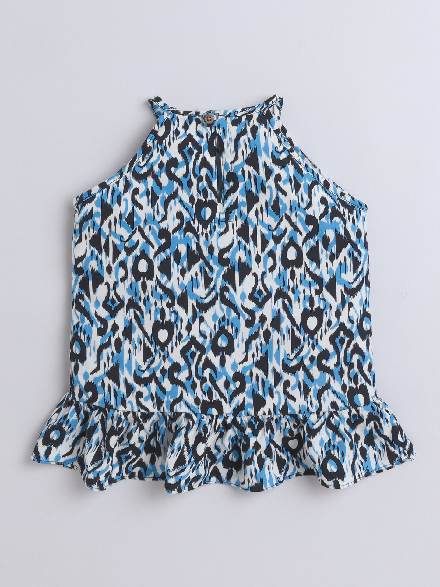 Rayon Abstract Printed Frill Detailed Incut Top-Black