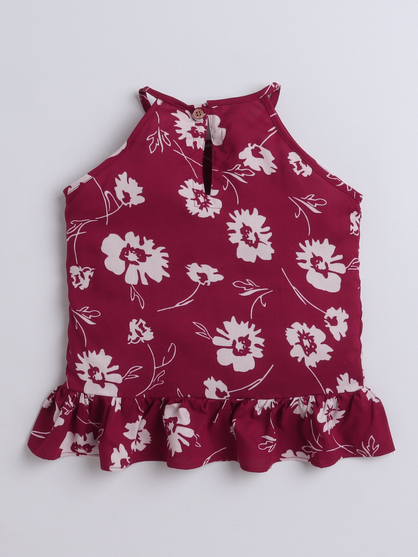 Rayon Floral Printed Frill Detailed Incut Top-Maroon