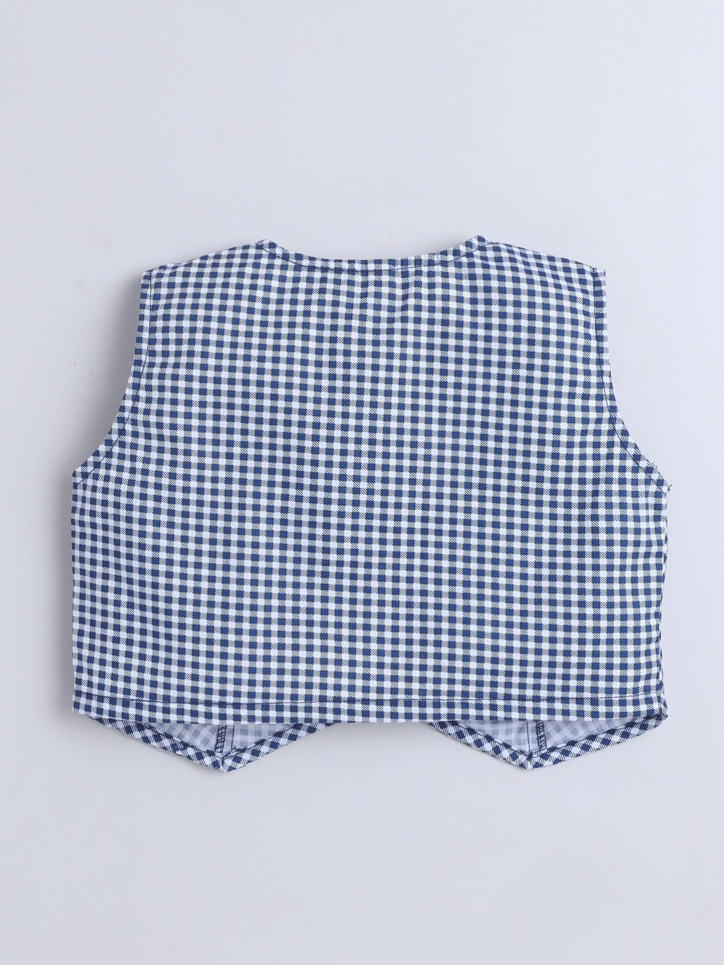Cotton Sleeveless Checked Coordinating Waist Coat And Skirt Set - Blue