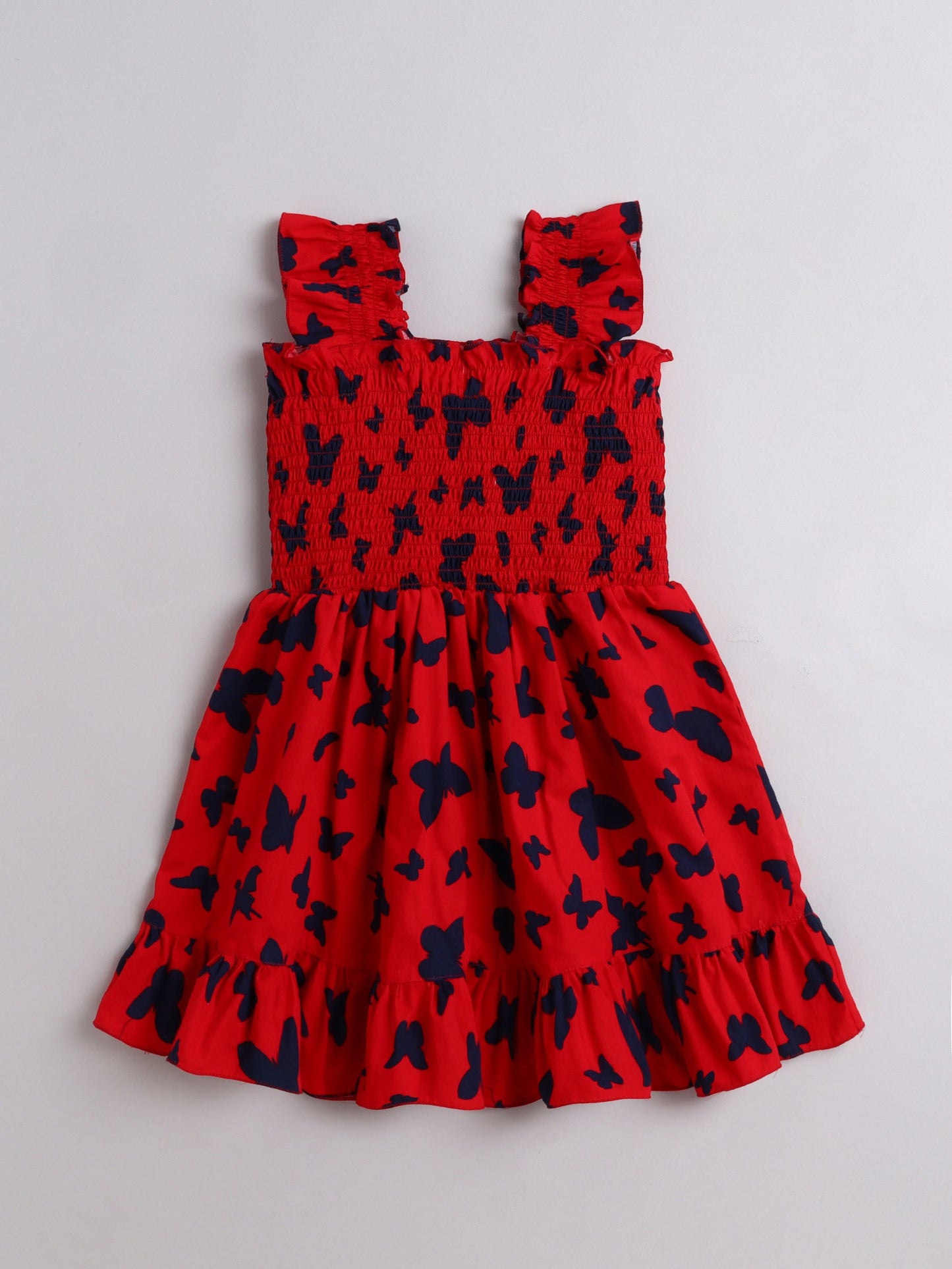 The Magic Wand Sleeveless Smoke Detail Butterfly Printed Frill Dress- Red