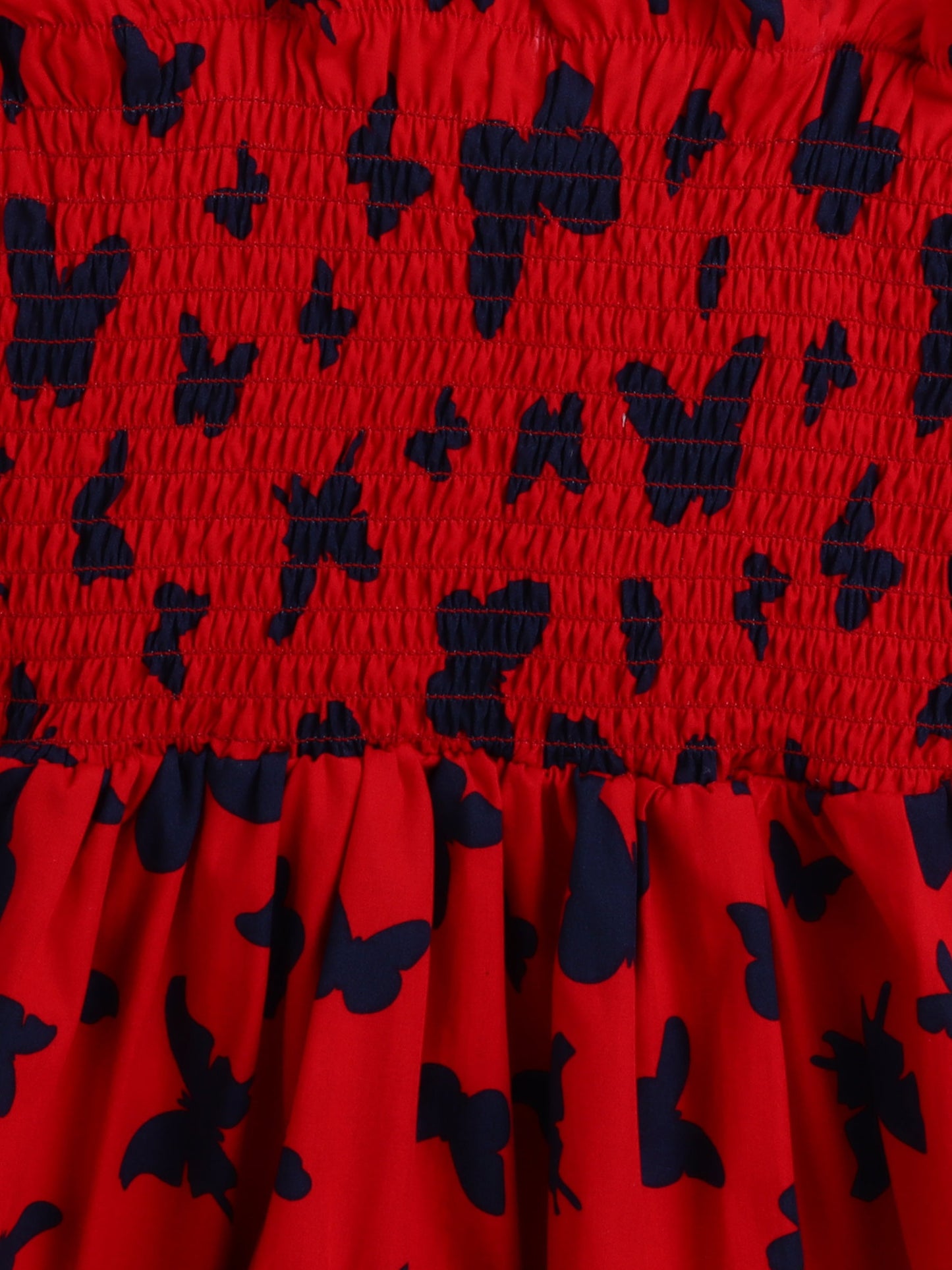 The Magic Wand Sleeveless Smoke Detail Butterfly Printed Frill Dress- Red