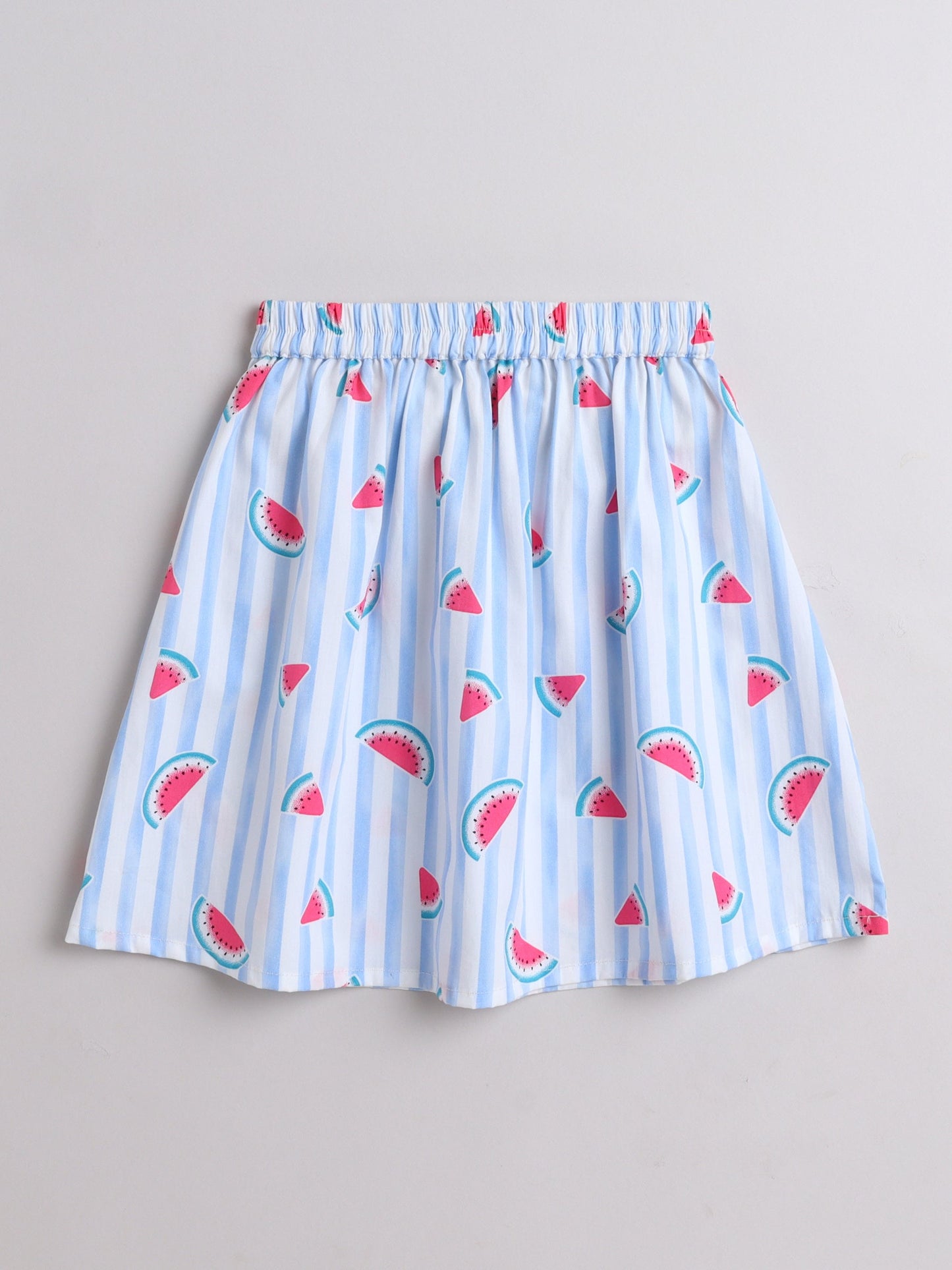 The Magic Wand Shoulder Strap Watermelon Printed Top & Skirt Set-Blue