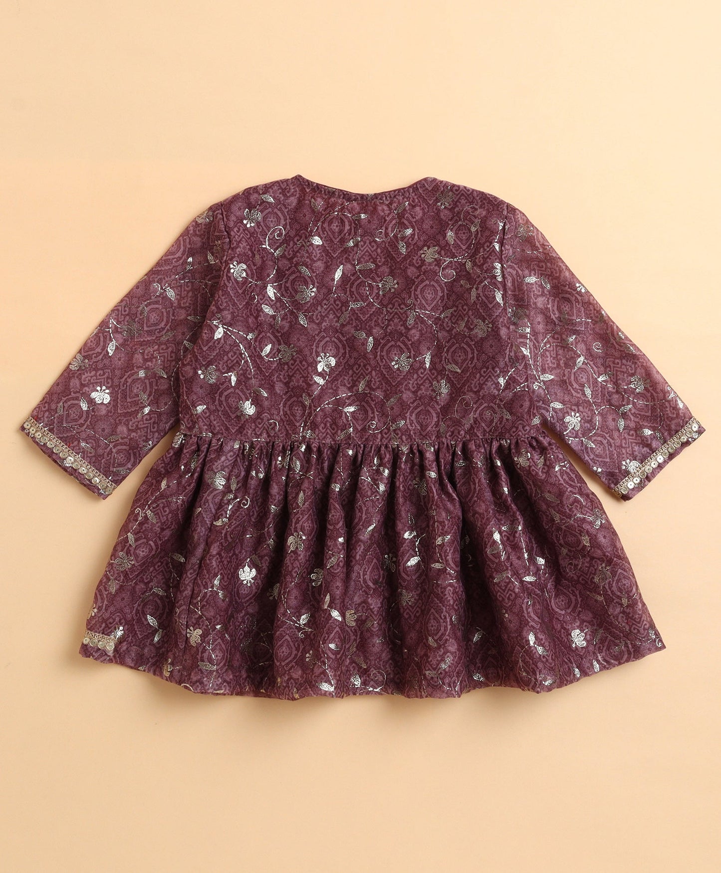 The Magic Wand Chanderi Woven Three Fourth Sleeves Foil Printed Gathered Top and Bottom Set- Pink