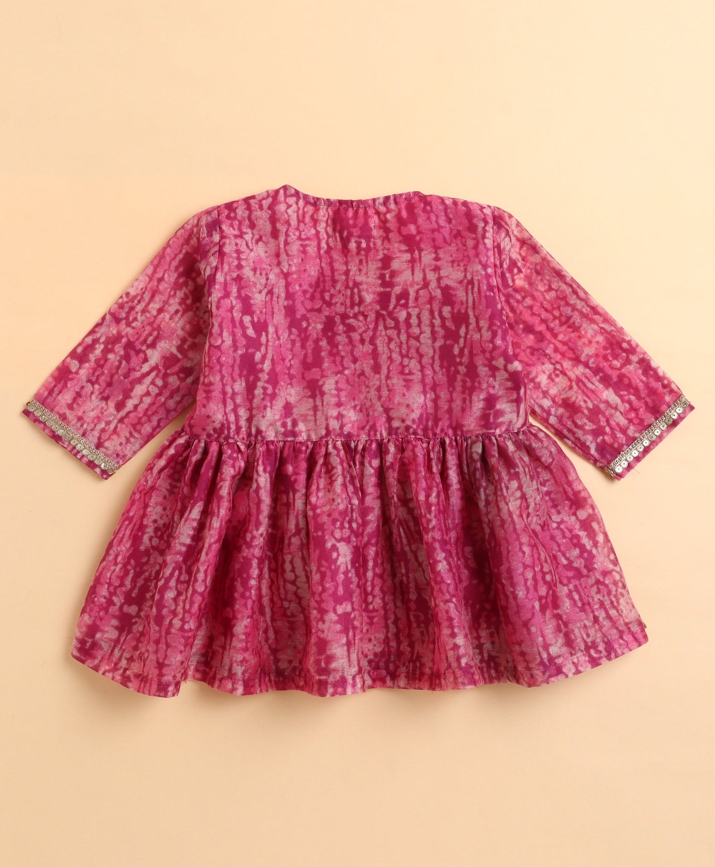 The Magic Wand Chanderi Woven Three Fourth Sleeves Foil Printed Top and Bottom Set- Fuschia