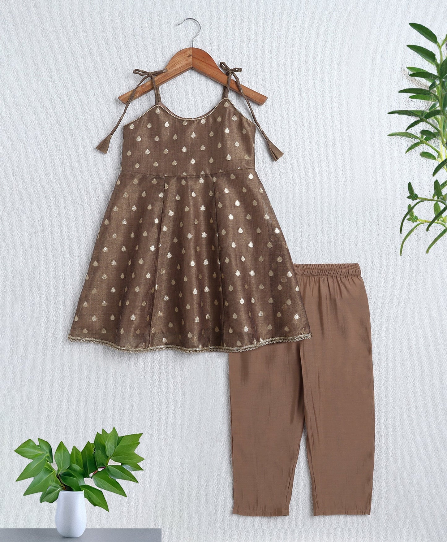 The Magic Wand Woven Shoulder Tie Ups Foil Printed Kurta & Pant Set - Brown