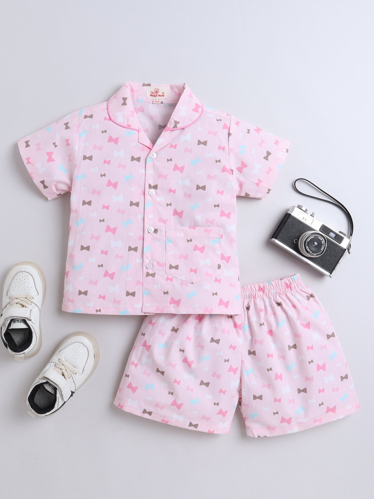 Cotton Woven Half Sleeves Bow Printed Coordinating Night Suit Set - Pink