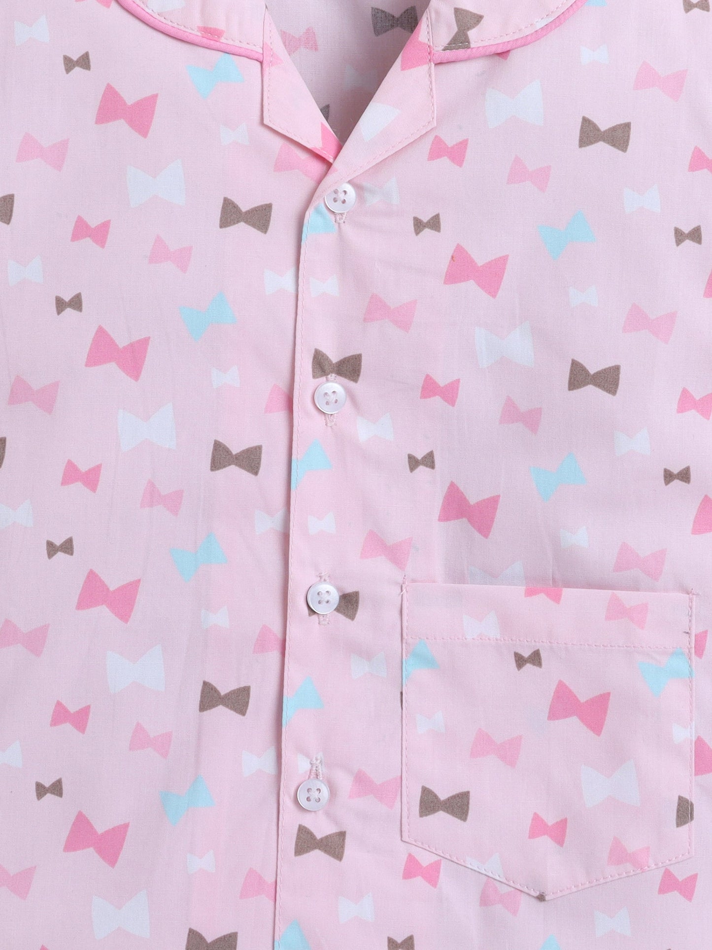 Cotton Woven Half Sleeves Bow Printed Coordinating Night Suit Set - Pink