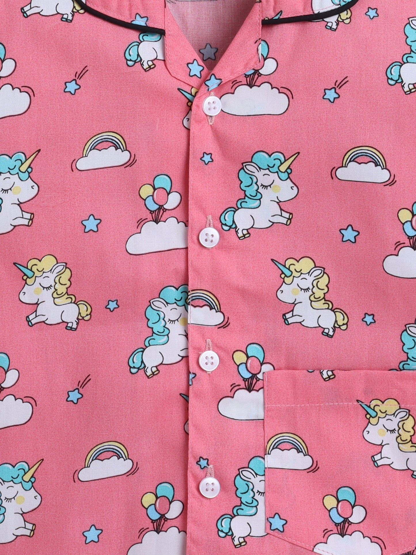 Cotton Woven Half Sleeves Unicorn Printed Coordinating Night Suit Set - Pink