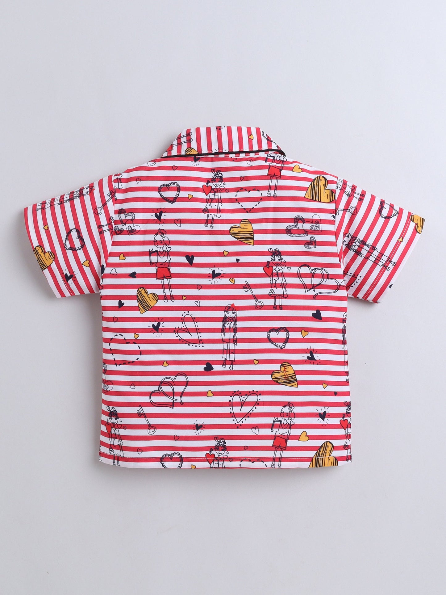 Cotton Woven Half Sleeves Striped & Hearts Printed Coordinating Night Suit Set - Red