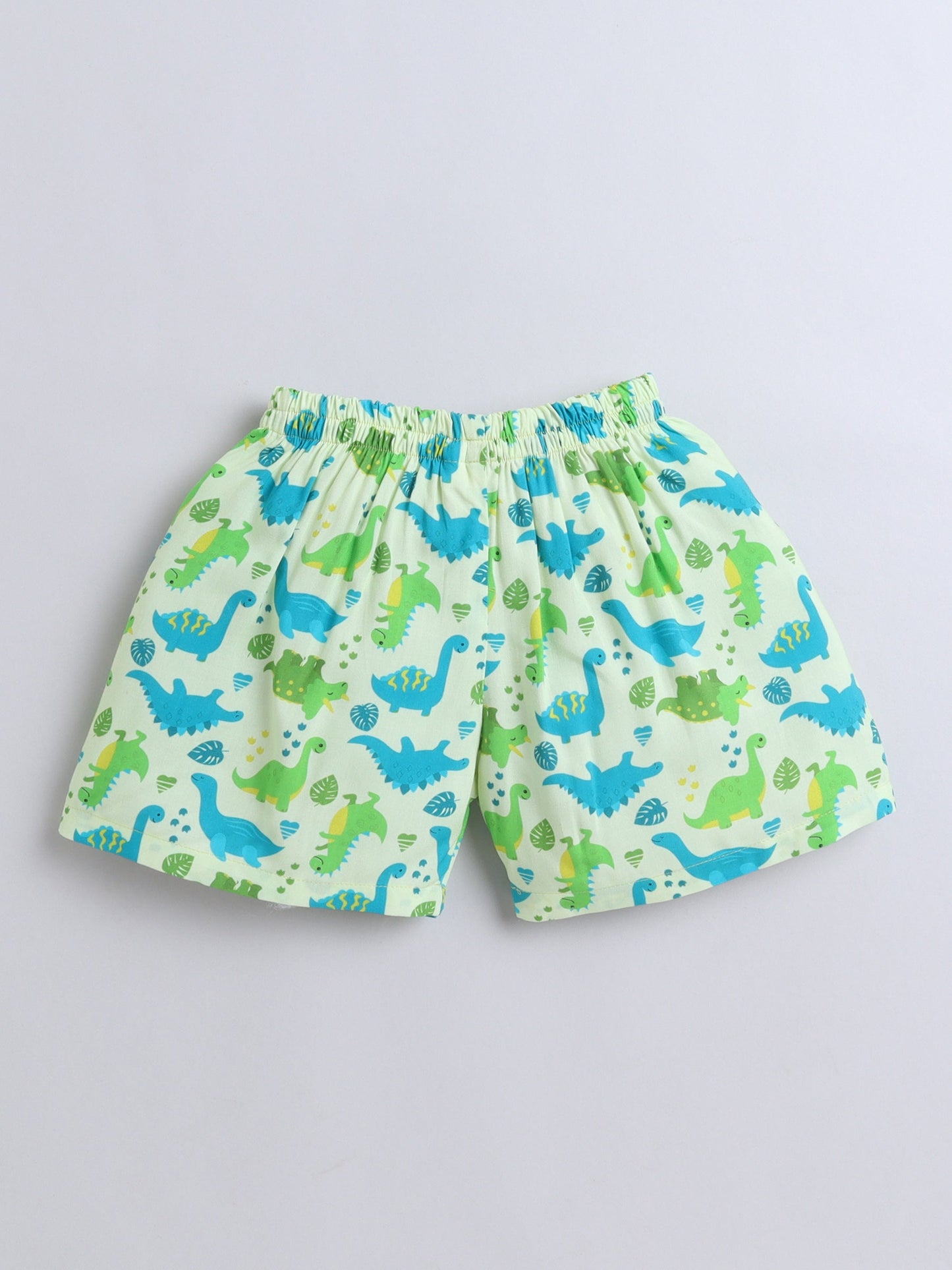 Cotton Woven Half Sleeves Dinosaur Printed Coordinating Night Suit Set - Green