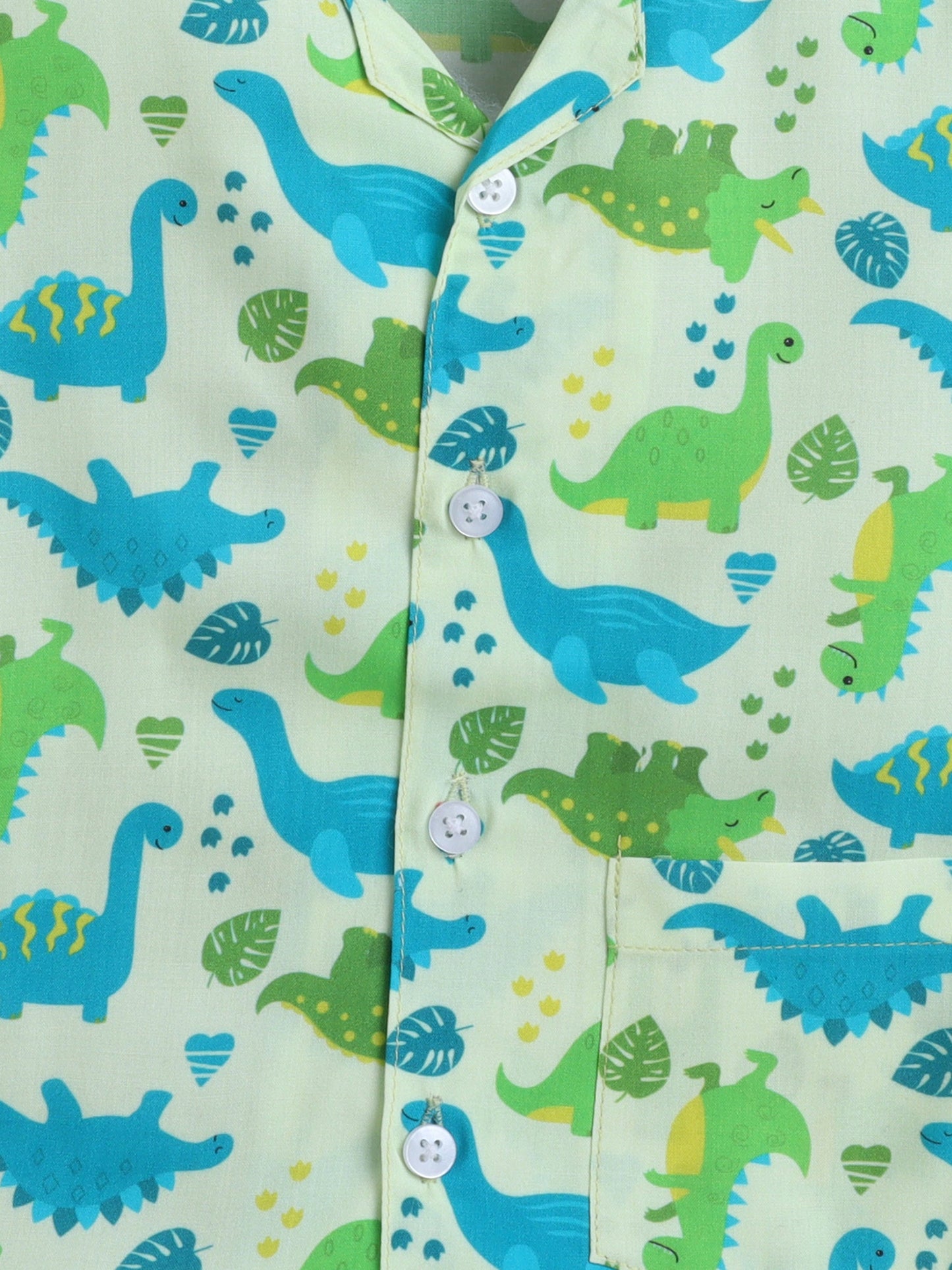 Cotton Woven Half Sleeves Dinosaur Printed Coordinating Night Suit Set - Green